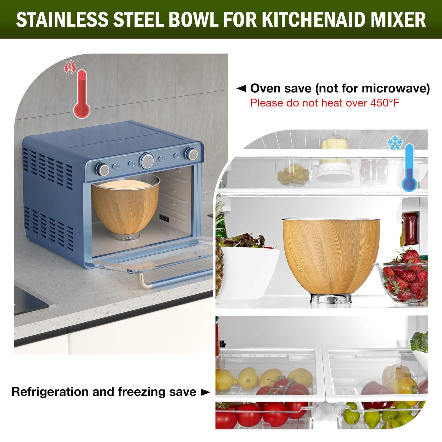 5QT Stainless Steel Mixer Bowl Compatible with Kitchen aid Stand Mixers Kitchenaid Replacement Bowl for 4.5-5 QT Tilt-Head Mixer with Handle, Wood Grain
