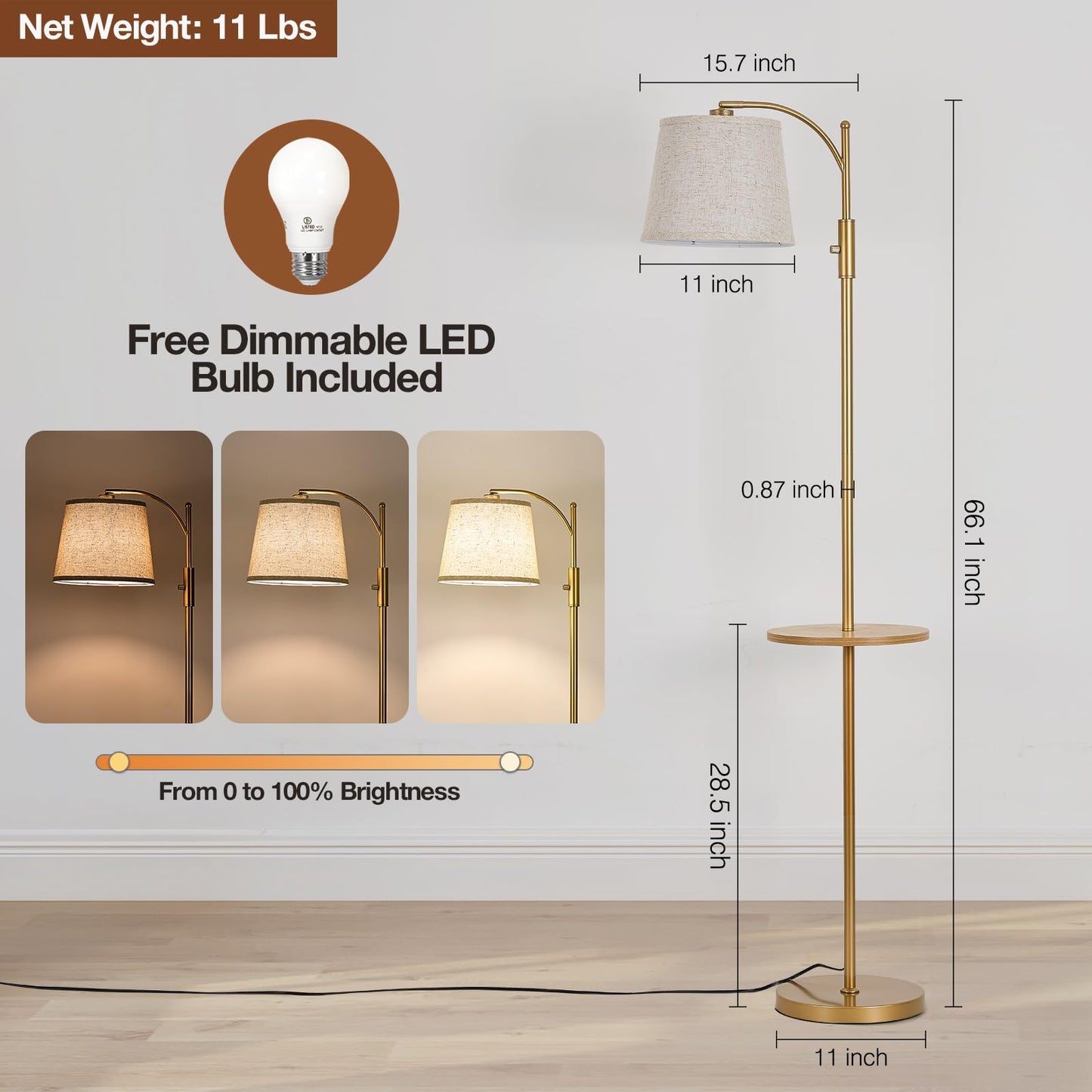 AIDENOEY Fully Dimmable Floor Lamp for Living Room，Standing Lamp Rotary Switch with Table&Linen Beige Shade，Golden Tall Lamps for Bedroom with Adjust Head，9W LED Bulb Included