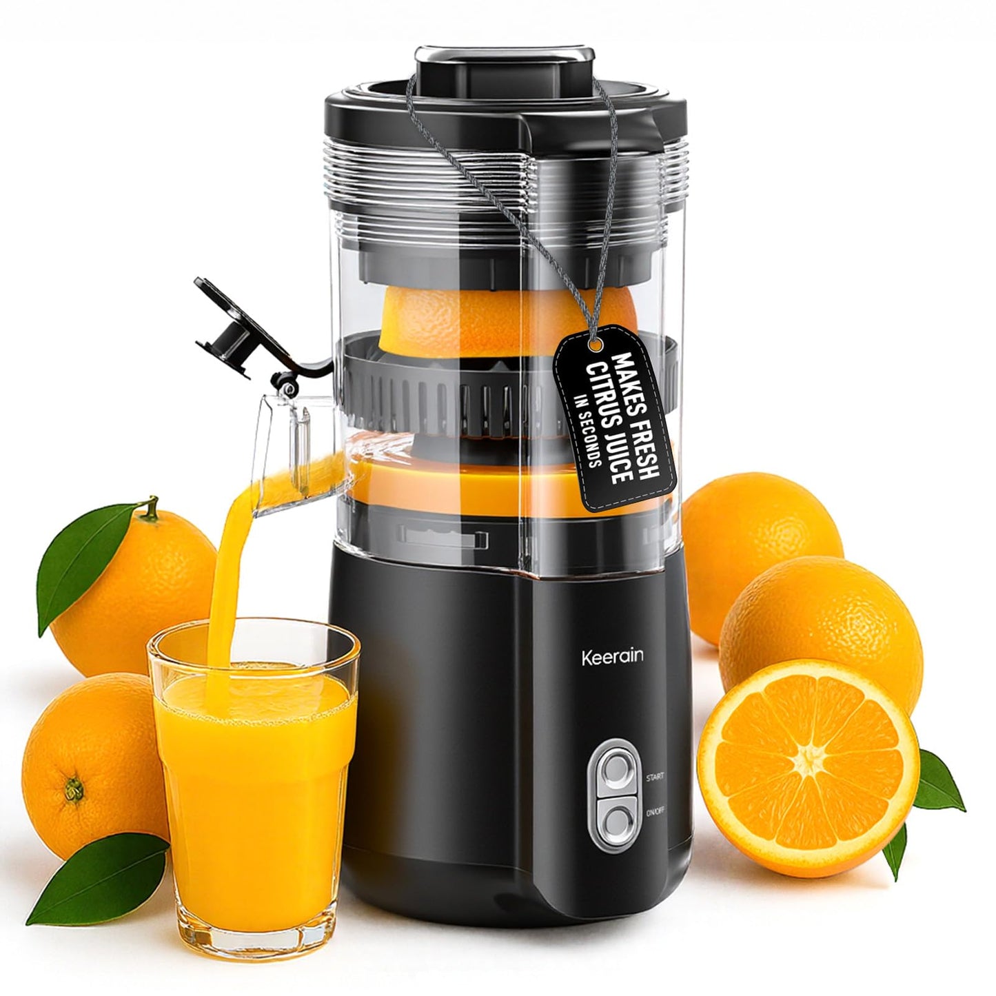 Keerain Electric Orange Juicer, Hand-Free Citrus Juicer Machine with Cleaning Brush, High-Performance Automatic Juice Squeezer for Lemon, Lime, Grapefruit, Pomegranate, Easy to Clean & Use