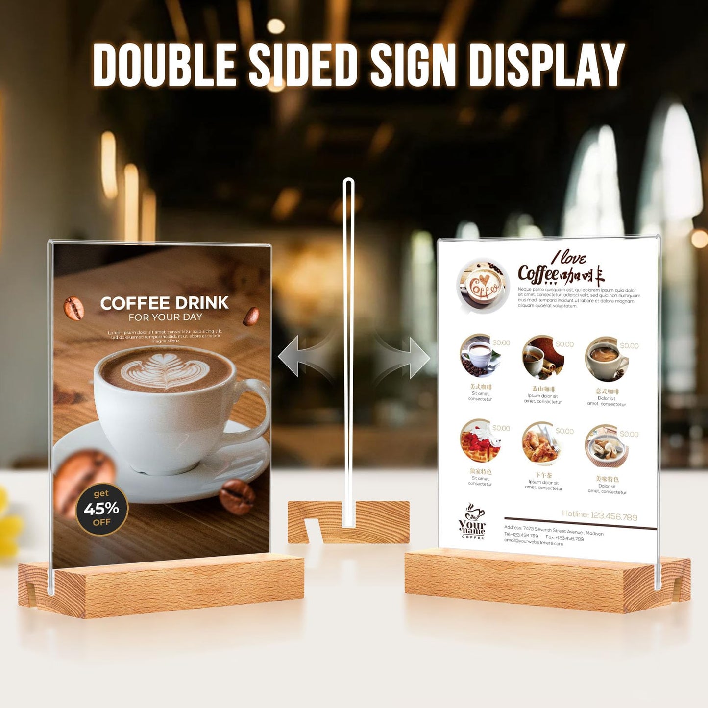 EthPul 16 Pack 5x7 Acrylic Sign Holder with Wood Base Vertical and Slant Displays, Clear Plastic Flyer Display Stand, Paper photo Table Menu Sign Frame Suitable for Restaurants, Office, Store, Hotels