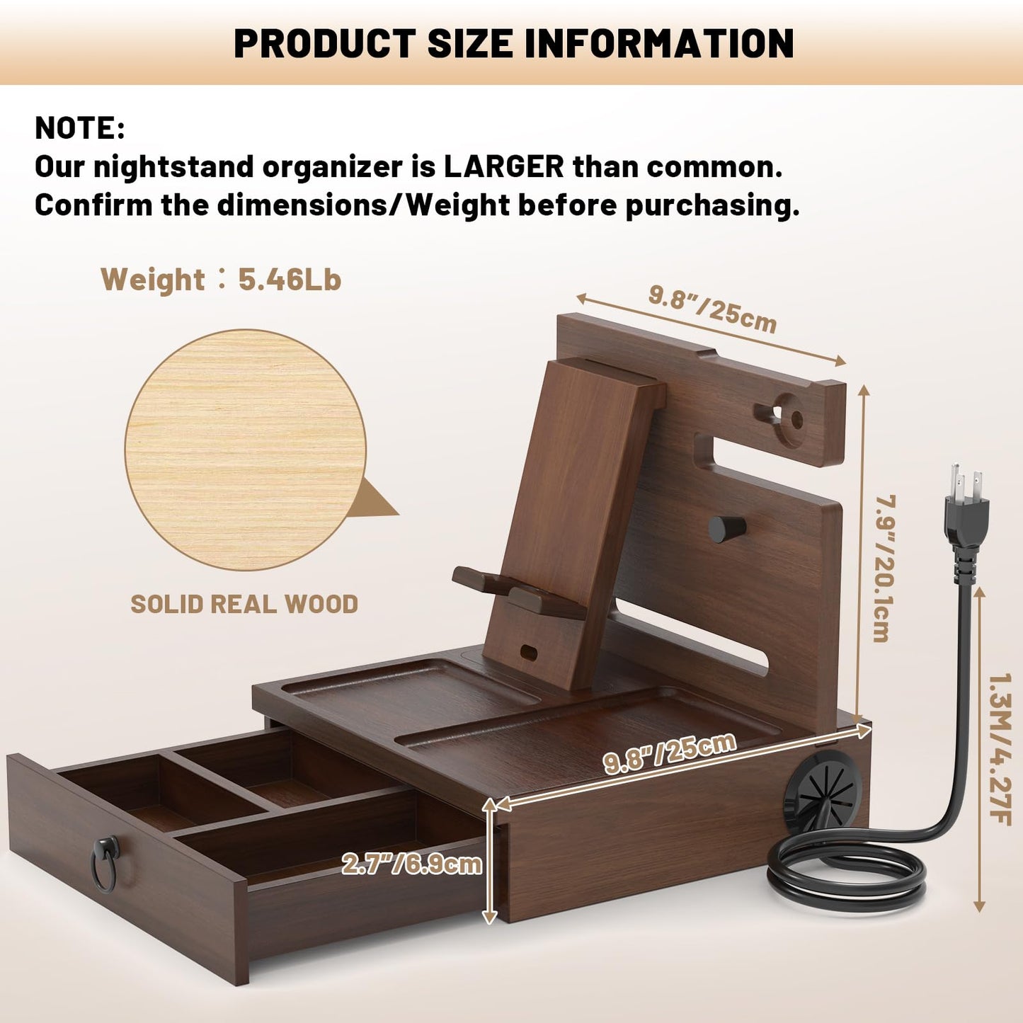 Wood Phone Docking Station with USB Ports and Outlets, Nightstand Organizer with Charging Station, Bedside Organizer with Drawer for Watch & Accessories, Christmas Anniversary Birthday Gifts for Men