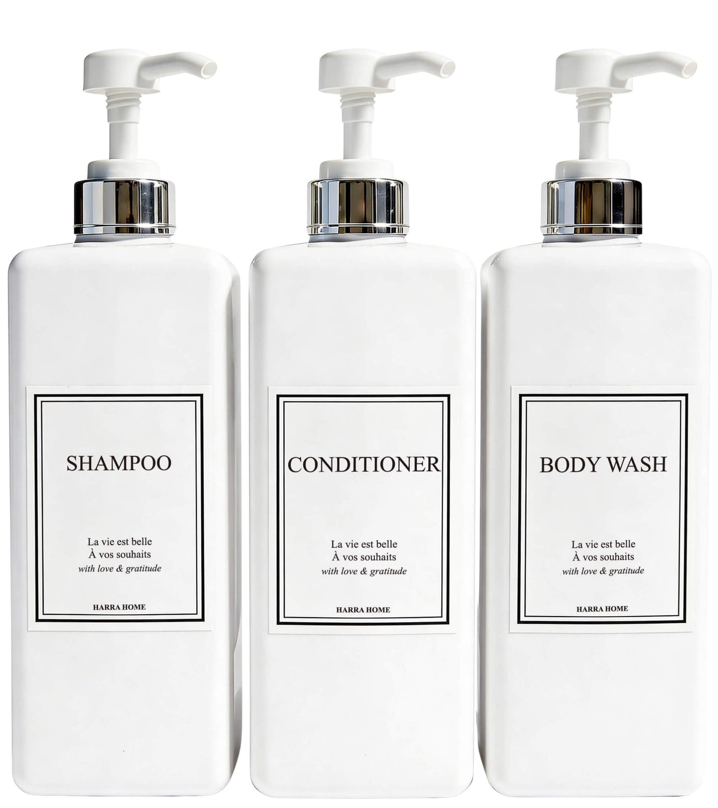Shampoo and Conditioner Dispenser - Modern Design Large 27oz Shower Soap Dispenser Set of 3, Refillable Empty Plastic Pump Bottles for Bathroom, 6 Waterproof Labels Included, White & Silver