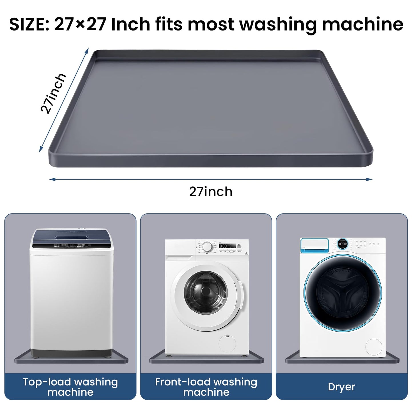 2-Pack Silicone Washing Machine Drip Pan - 27X27 inch Washing Machine Tray with Raised Edge, Non-Slip Trays for under Washer and Dryer, Washer Tray for Floor Protection, Washer Drain Pan (Gray)