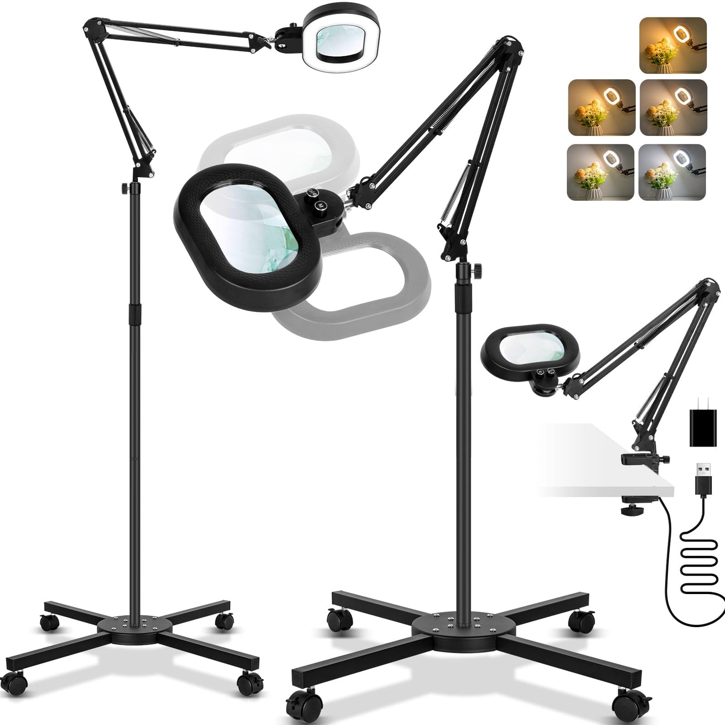 KMDES 12X Magnifying Floor Lamp, 2 in 1 Lighted Magnifier Glass with Light for Workbench, Craft, Sewing, Esthetician, Reading, 3 Axis Rotation Infinite Color Dimmable, 4 Wheel Stable Stand Base Black