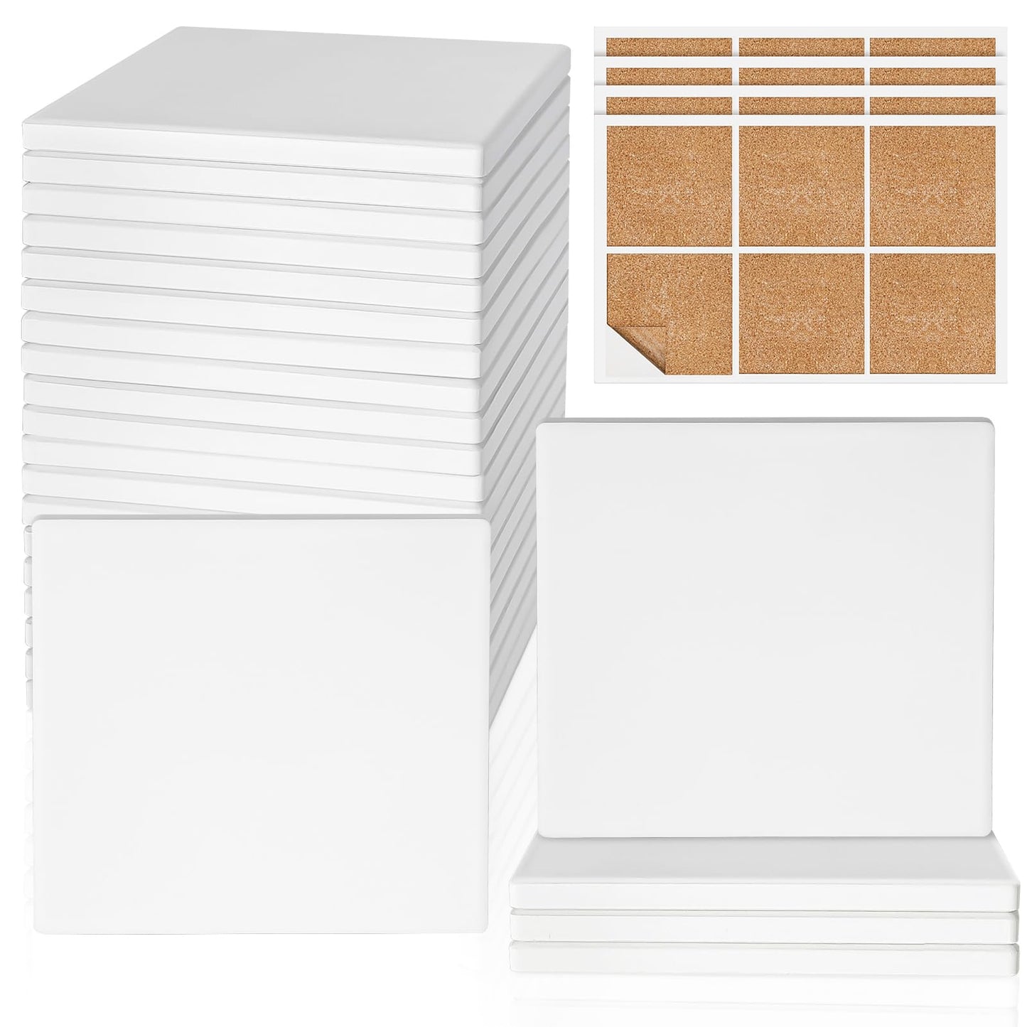 Ceramic Tiles for Crafts, GOH DODD 24 PCS Unglazed Blank Coasters with 24 PCS Cork Backings for Painting, Alcohol Ink, Acrylic Pouring, Decoupage, Arts, DIY Craft Gifts, Square, 4 Inch, White