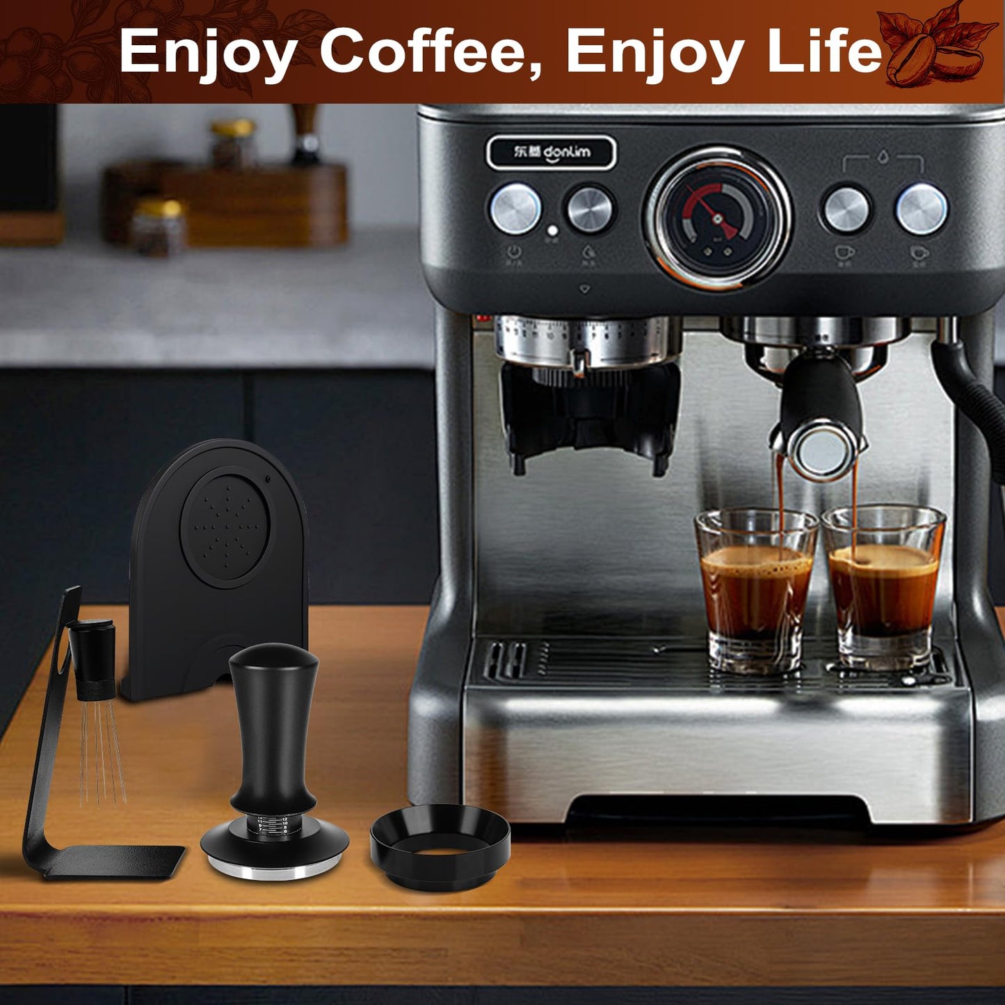 Espresso Accessories Kit 58mm, Coffee Tamper with Spring Loaded Calibration, 316 Stainless WDT Tool with Magnetic Stand and Dosing Funnel Set Fits Espresso Machine Press and 58mm Portafilters