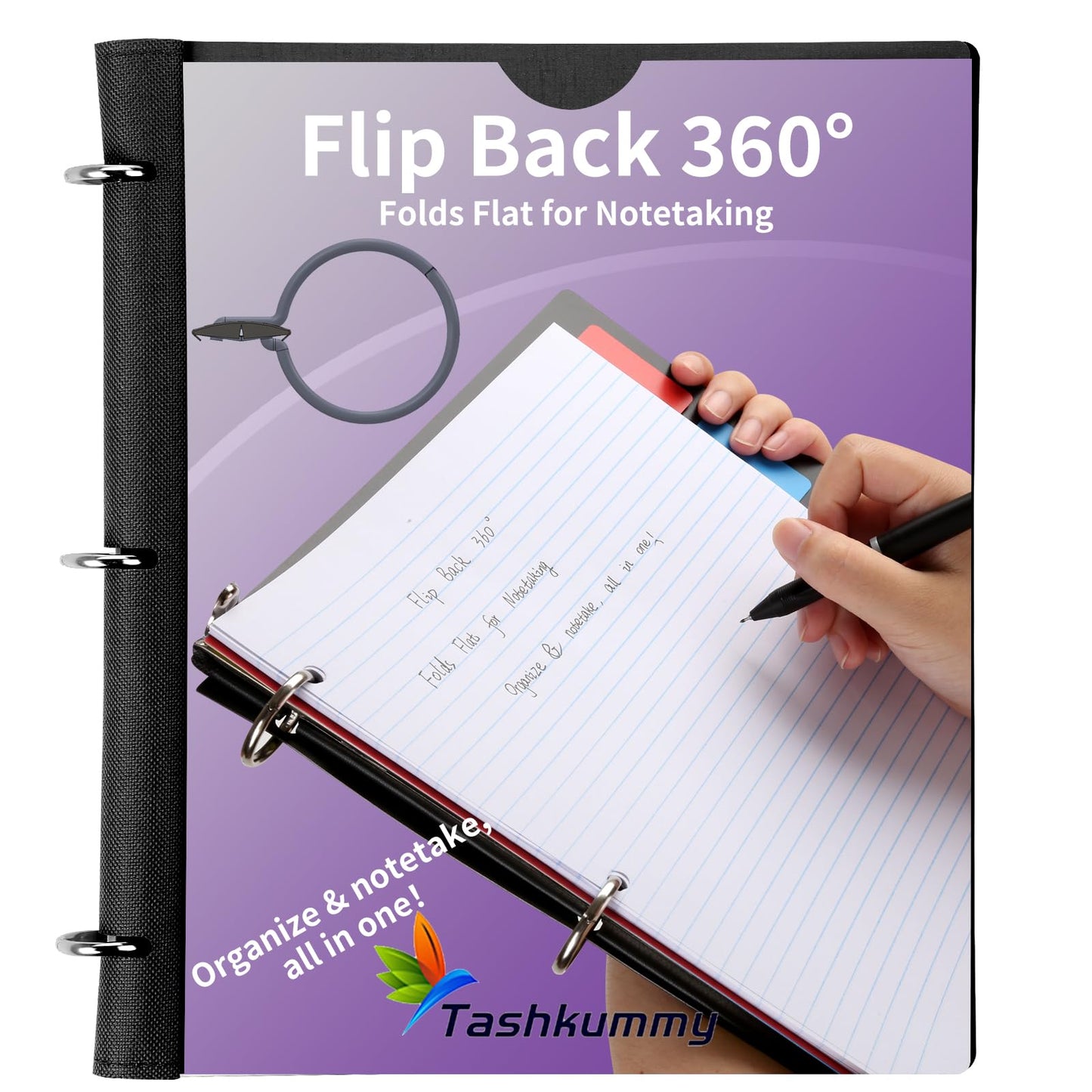 Tashkummy 360° Pivotable 3 Ring Binder, Upgraded Foldable Binders 1 inch 12 Pack, Thin Small Three Ring Binder Fits 8.5" x 11", for Home, School and Office- Black, Purple, Pink, Blue, Green, Red