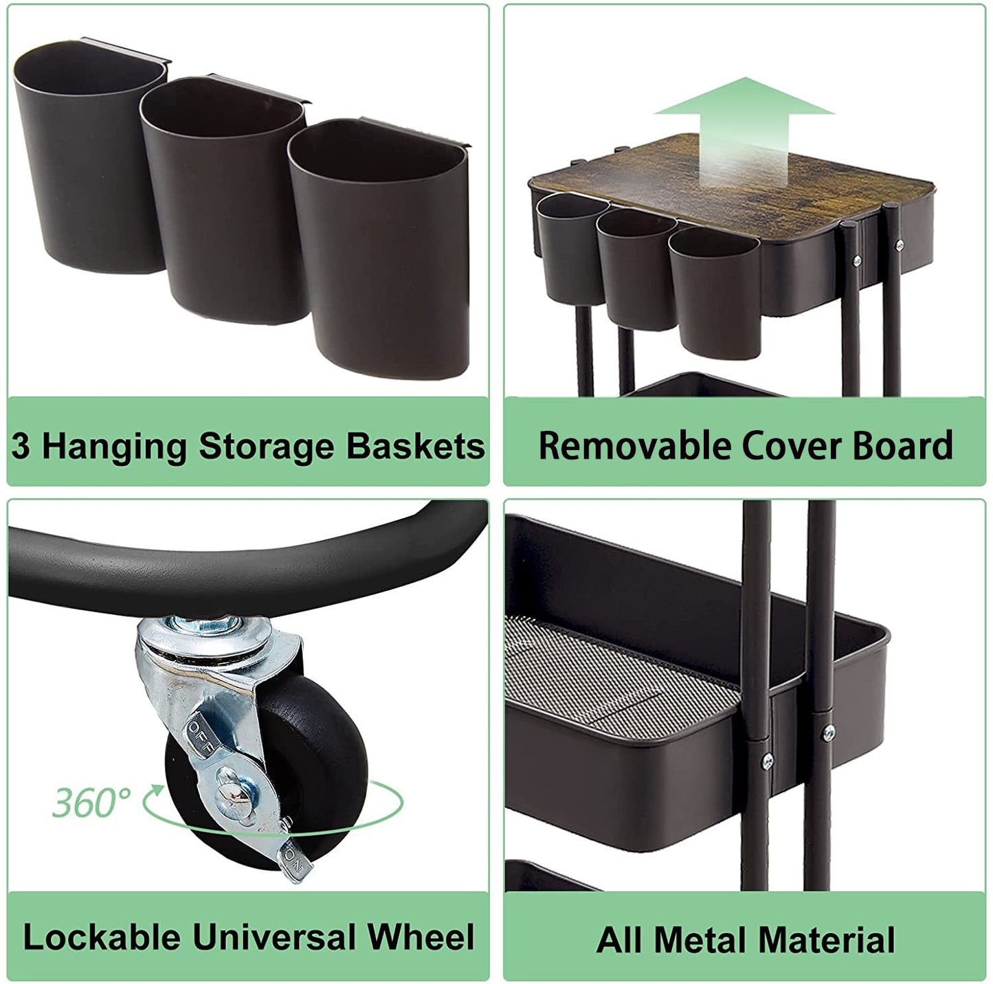 3-Tier Metal Utility Rolling Cart Storage Side End Table with Cover Board and Handle for Office Home Kitchen Organization, Black