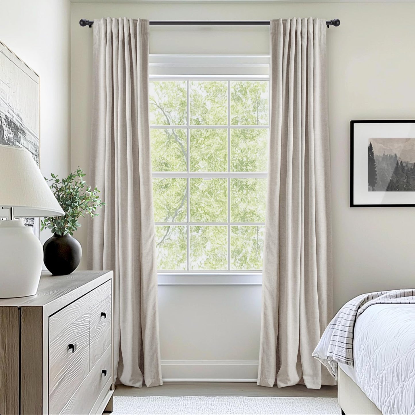 INOVADAY 100% Blackout Curtains for Bedroom, Black Out Curtains 90 Inch Long, Clip Rings Linen Blackout Drapes, Thermal Insulated Room Darkening for Living Room, 2 Panels - Beige,W50xL90