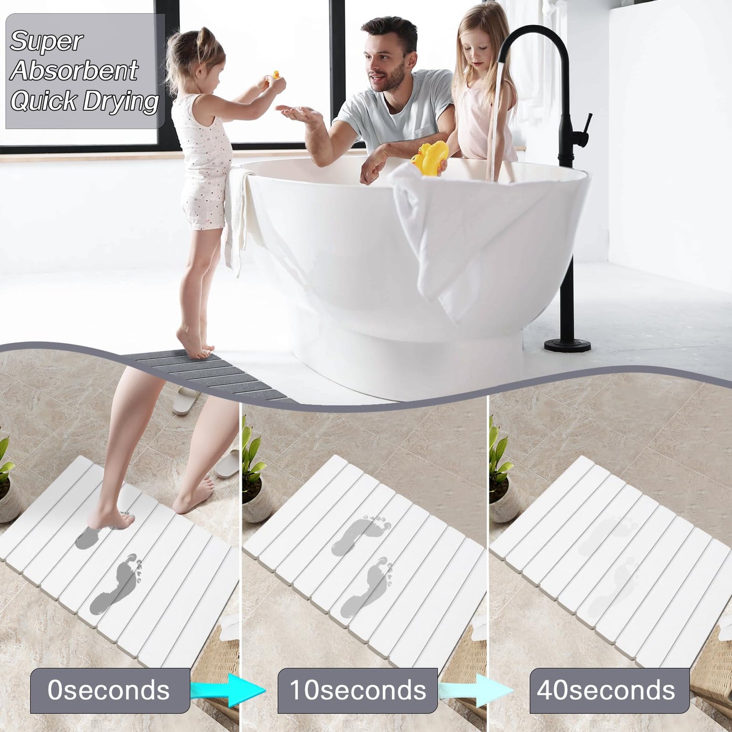 Setguopal 2 Pack Foldable Stone Bath Mats, White Super Absorbent Diatomaceous Earth Bath Rug, Non-Slip Shower Mat, Quick-Drying Bath Rug and Drying Mat for Tub and Shower