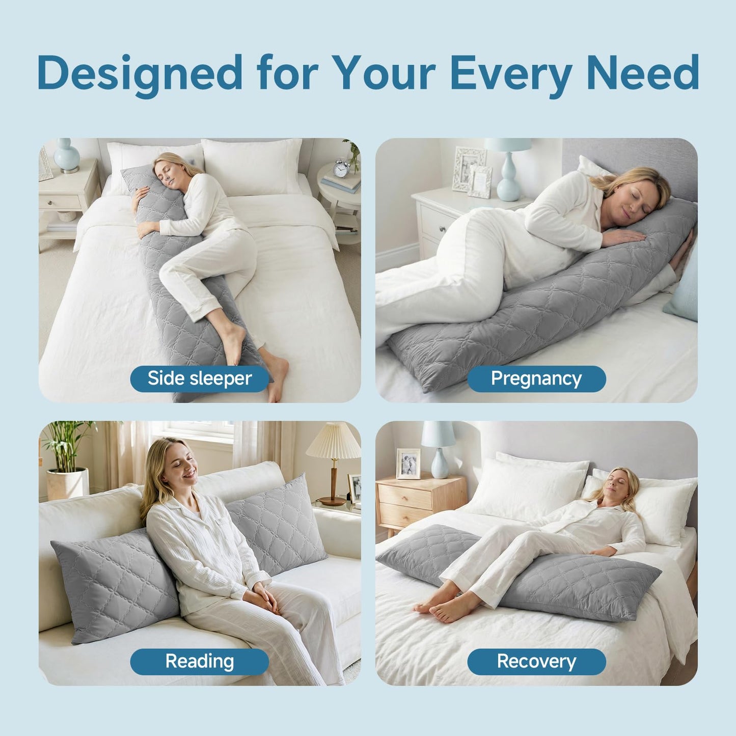 BEDELITE Cooling Body Pillow for Adults, Creative Ultra Soft Cool-Touch Quilted Nylon-Spandex Body Pillow Cover, Adjustable Memory Foam Long Pillow for Side Sleepers, Pregnancy & Back Pain(Light Grey)