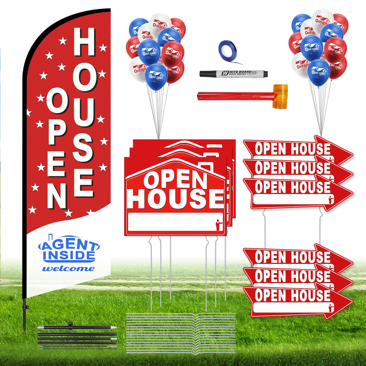 56 Piece Open House Signs for Real Estate Kit, 1 Open House Flag, 9 Double-Sided Estate Sale Arrows and Signs with Metal Stakes, Plus 24 Balloons, Suitable for Real Estate Brokerage Supplies (red)