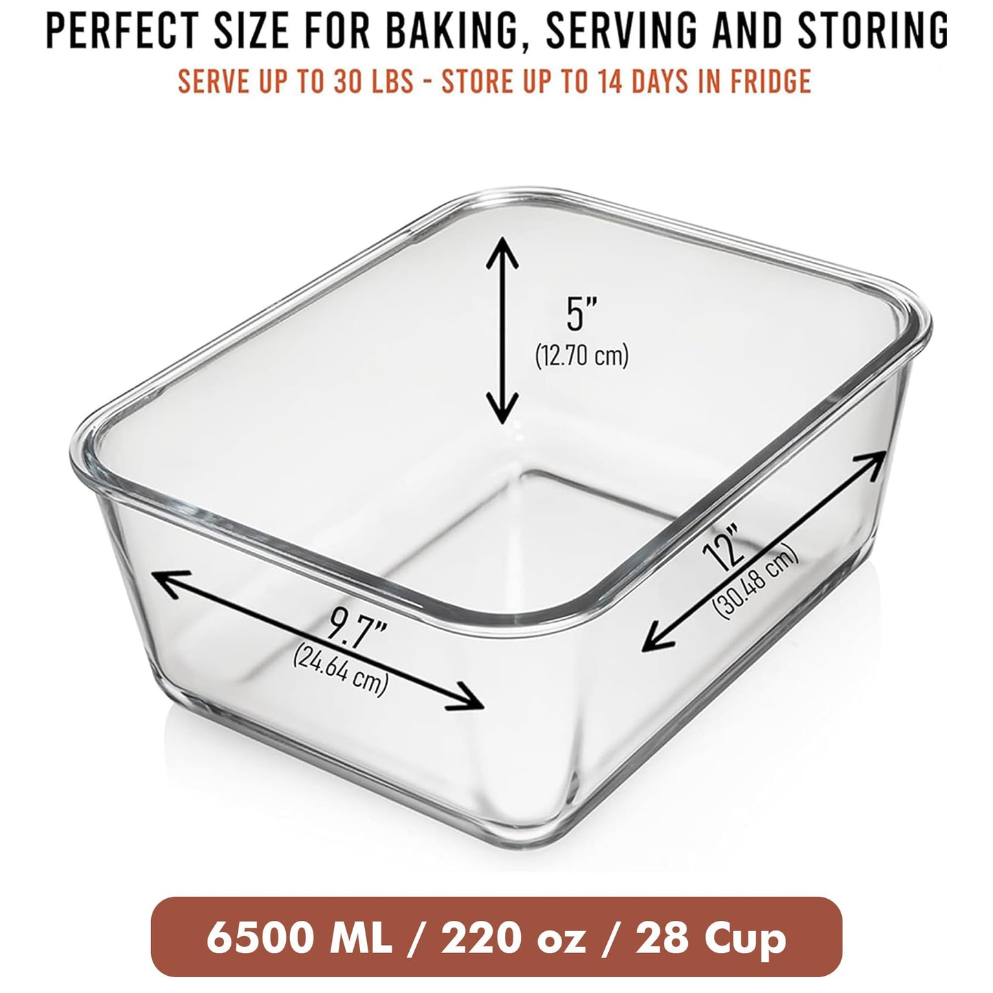 6500 ML / 220 oz / 28 Cup LARGE Glass Food Storage Container with Airtight Locking Lid. Ideal Storing food, Vegetables, Fruits. Baking Casserole, Lasagna, Roasting Turkey, Chicken BPA Free Oven Safe