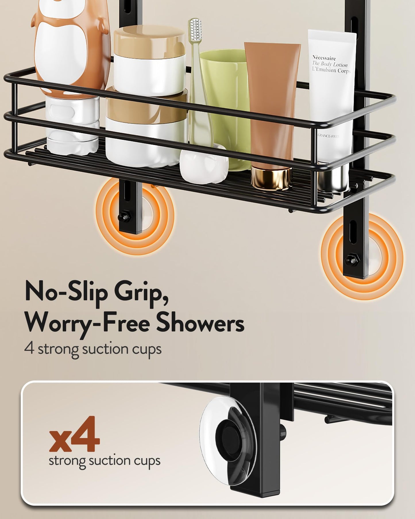 Orimade Over the Door Shower Caddy Adjustable 5 Tier Black,Bathroom Hanging Organizer Shelf Rustproof with 4 Hooks,Shower Basket with Soap Holder and Suction Cup