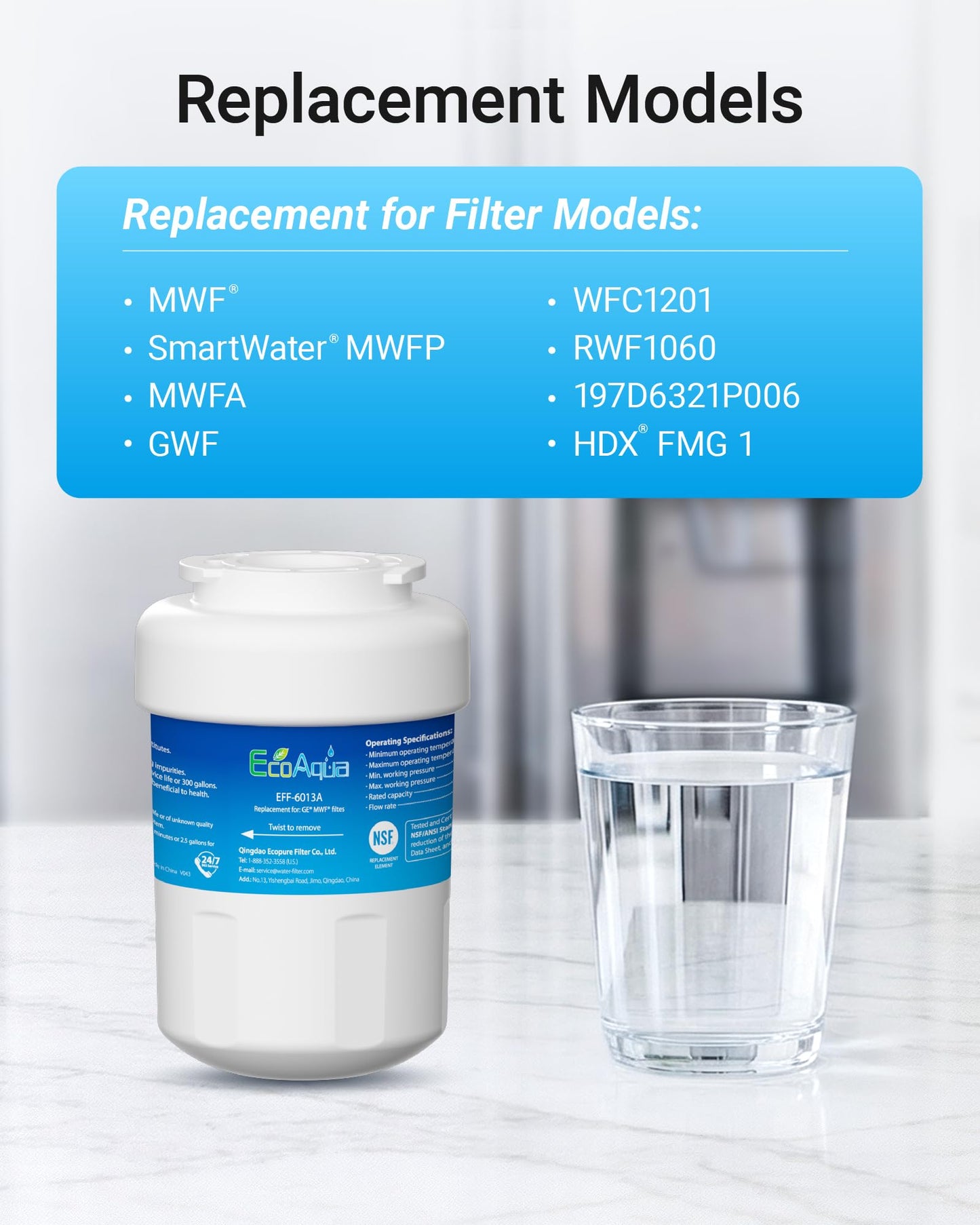 EcoAqua EFF-6013A Replacement Filter, Compatible with GE MWF SmartWater, MWFA, MWFP, GWF, GWFA, 46-9991, HDX FMG-1, WFC1201, GSE25GSHECSS, PC75009, RWF1060 Refrigerator Water Filter, 3 Pack