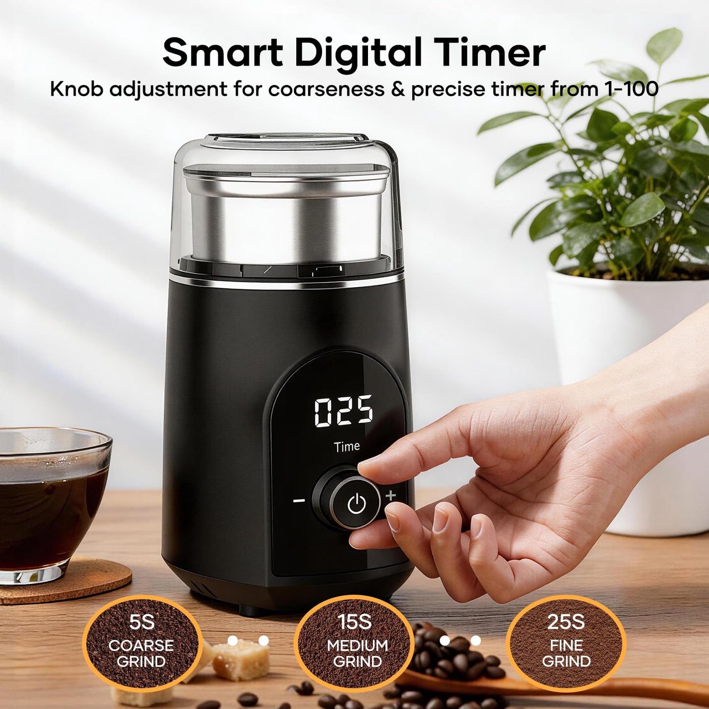 Spacefrog Coffee Bean Grinder Electric with Adjustable Coarse to Fine Smart Digital Timer, Low Noise, Sealed Safety Lid, 1x Removable Stainless Steel Cup & Anti-Vibration Base for Bean, Spices, Herbs