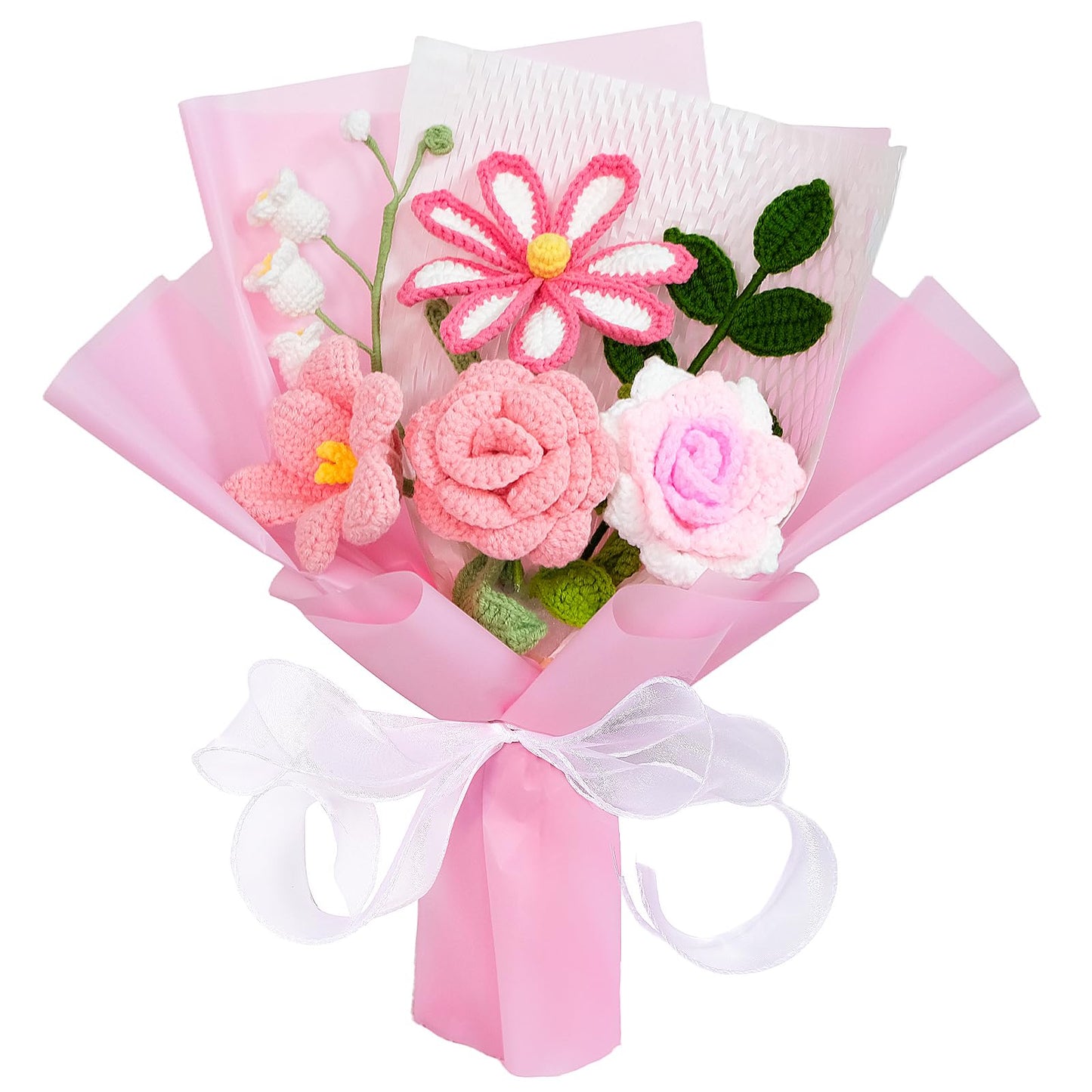 Ecerangus Crochet Flower Bouquet, Handmade Crochet Flowers Knitted Flowers Bouquet for Mother's Day Anniversary Birthday Graduation Lover Valentines Day Gifts(Pink)