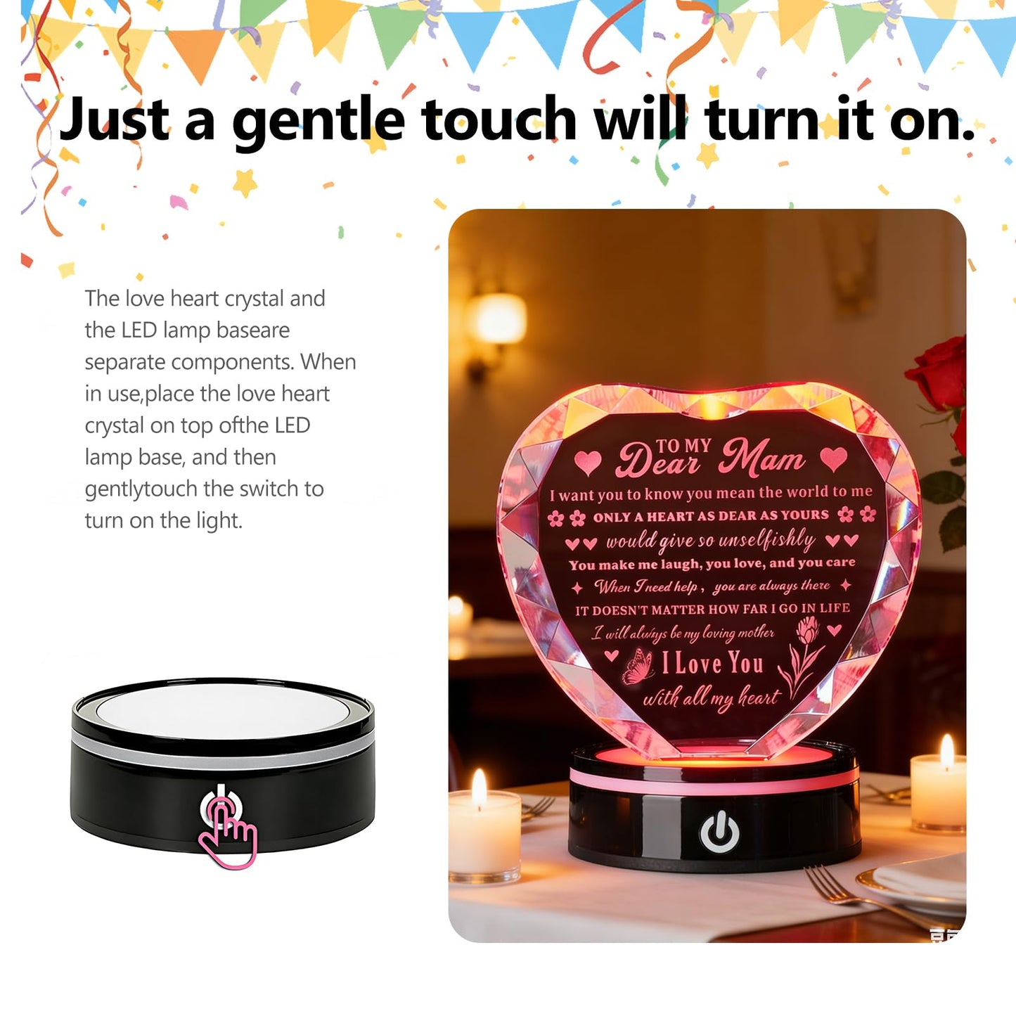XLSJGYP Crystal Heart Birthday Gifts Ideas for Mother from Son Daughter Moms Mother's Day Mothers Day Gifts for Mom Romantic Best Unique Keepsakes Presents with Colorful LED Base Gift (Mom Gifts)