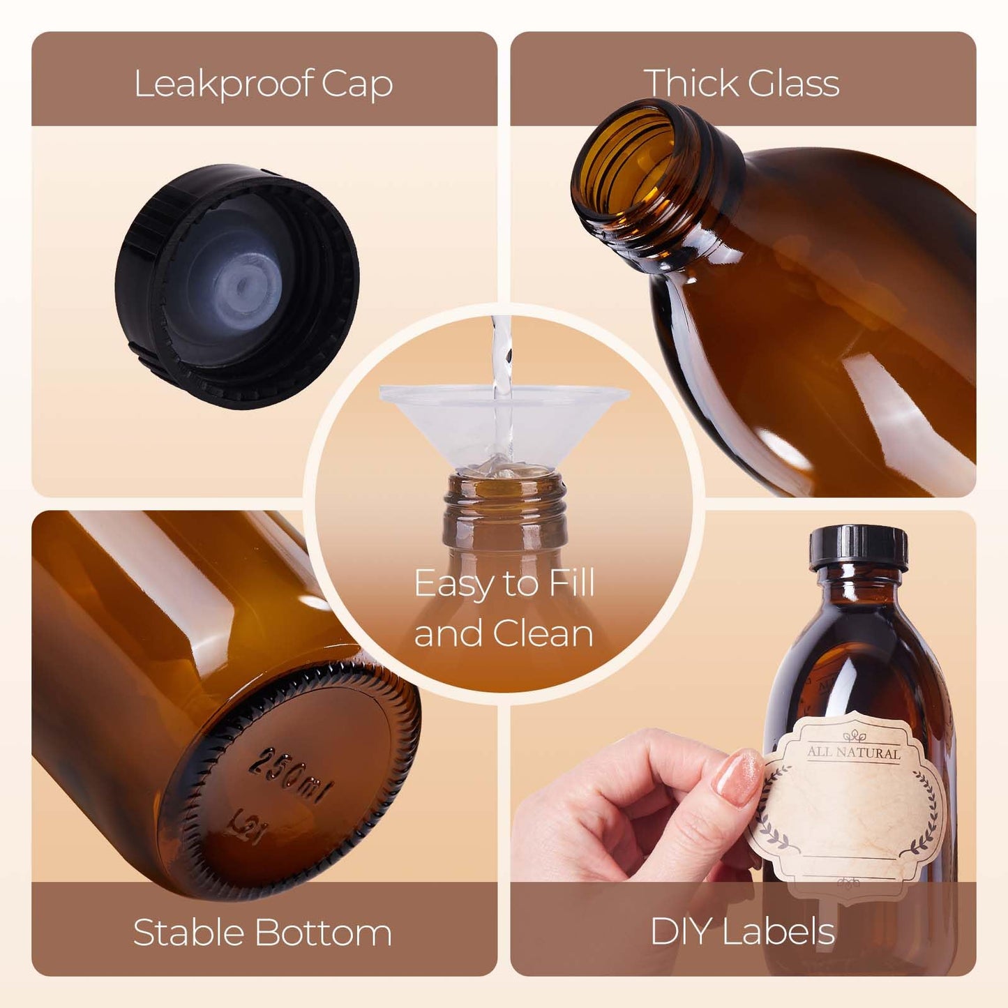 Elumeiro 24 Pack 8 OZ Amber Glass Bottles with Lids, Leakproof Glass Bottles for Vanilla extract, Shampoo, Tinctures, Essential Oils, Homemade Hot Sauce, Syrup, Boston Round Brown Bottle