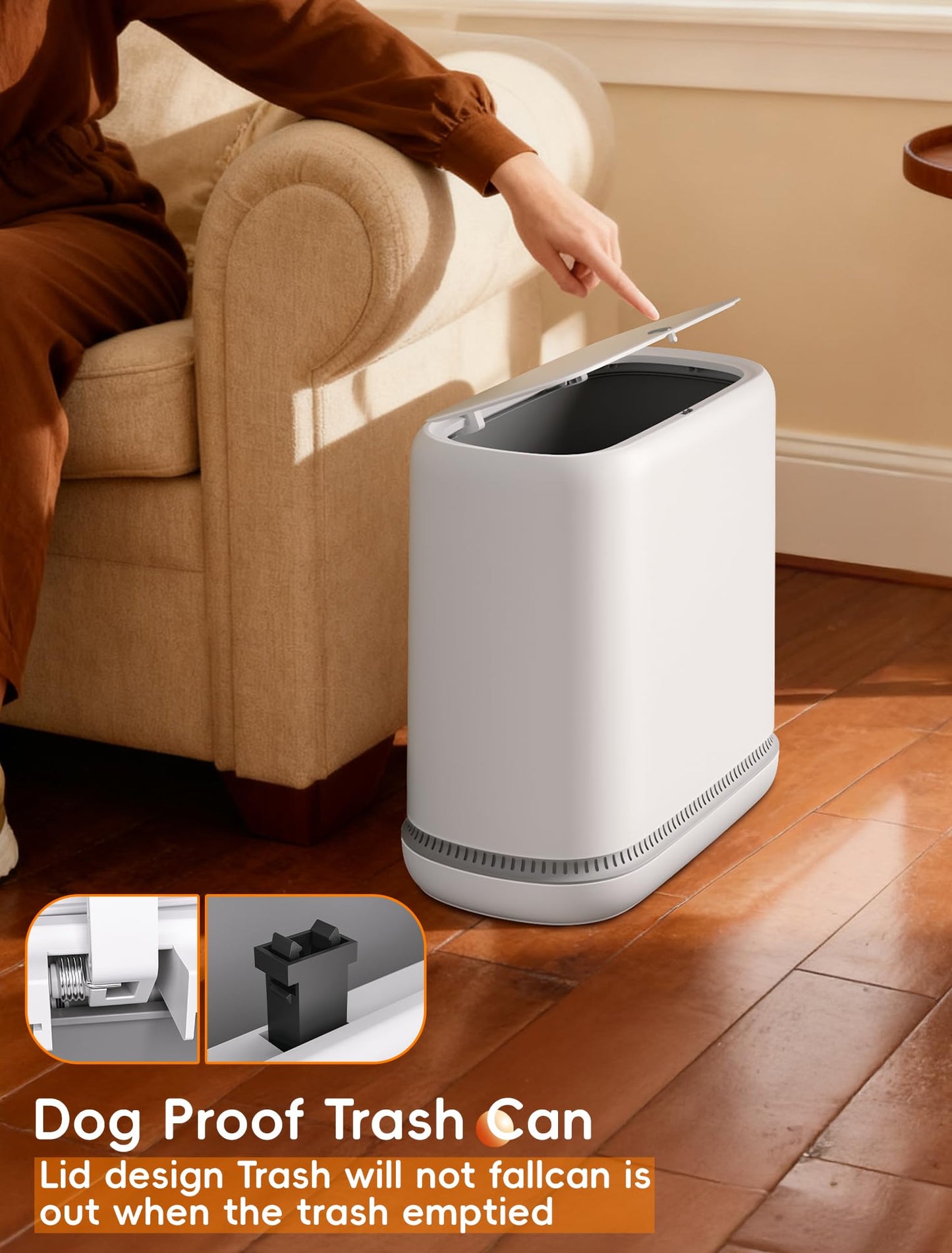 LEGUO Dog Proof Small Bathroom Trash Can with Lid, Slim Press Top Garbage Can, Narrow White Plastic Waste Basket, for Bathroom Bedroom Office 2 Pack Set with 4.8 Gal and 3 Gal