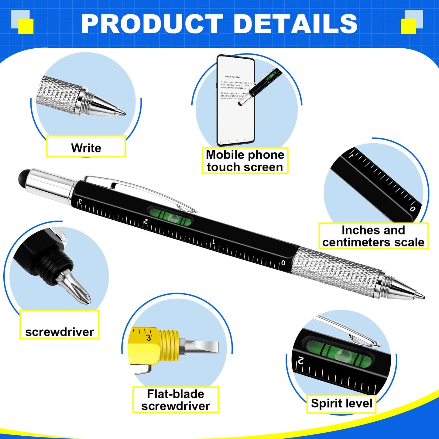 Zhanmai 72 Pcs Father's Day Bulk Gift 6 in 1 Screwdriver Tool Pen Multitool Tool Pens for Party Favor Father's Gift for Adult Level Gauge Ballpoint Pen Stylus Screwdriver (Multicolor)