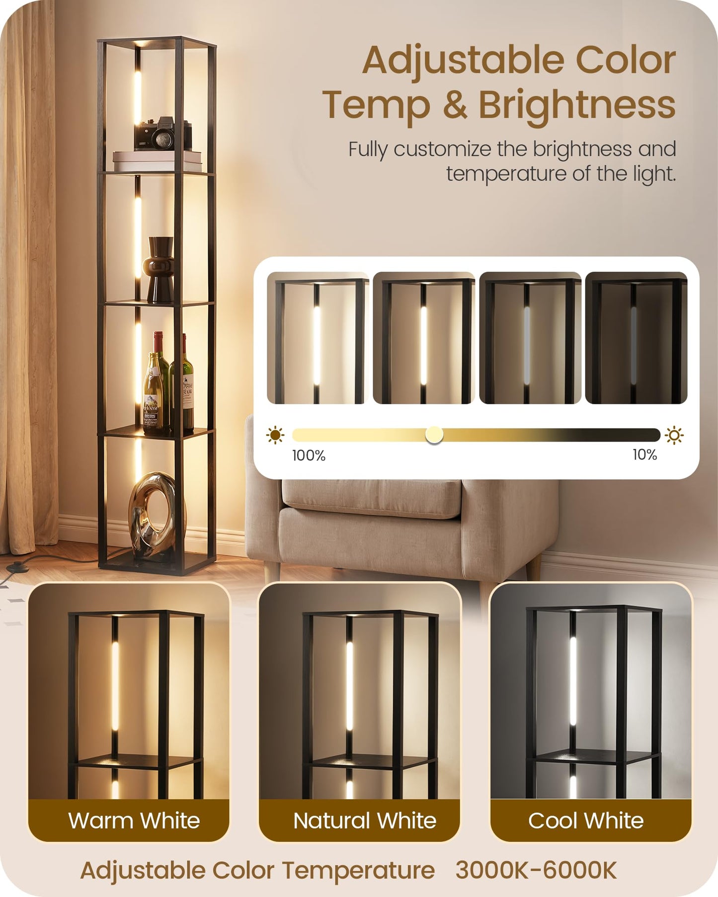 64.2" Display Shelf with Light, Modern Corner Floor Lamp with Shelves, 3000K-6000K LED Dimmable Standing Lamp with Remote for Living Room, Bedroom, Office, Adjustable CCT, Black Square B51LD05