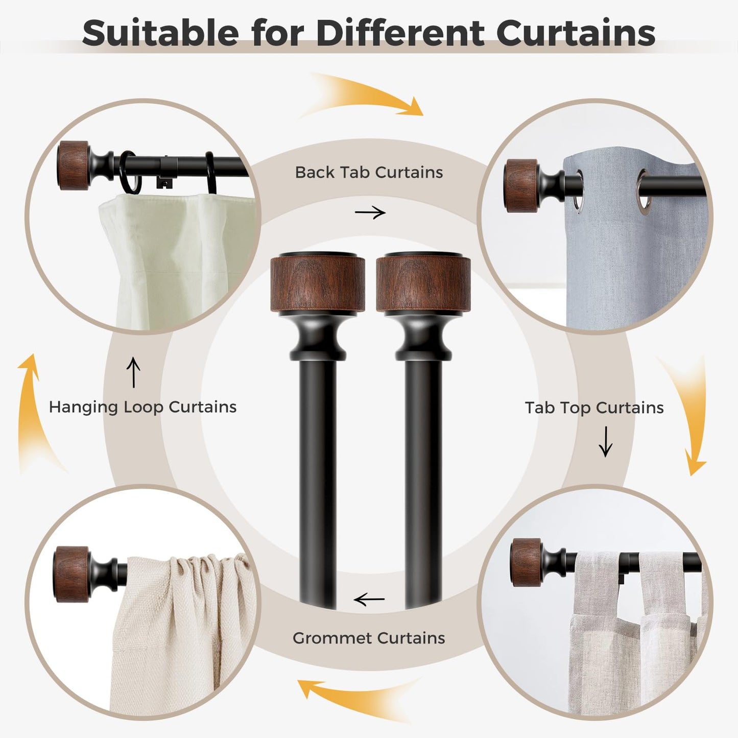 Wood Curtain Rods for Windows 48 to 84 Inch, 1” Diameter Decorative Drapery Rod with Imitation Wood Grain Finials, Adjustable Heavy Duty Curtain Rod, Indoor/Outdoor Modern Curtains Rods, 2 Pack