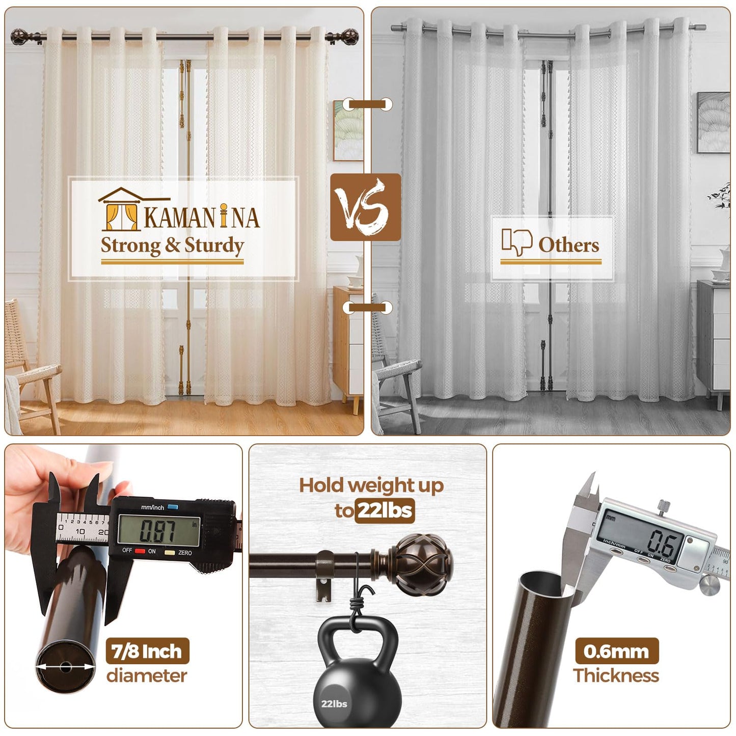 KAMANINA Curtain Rods for Windows 72 to 144 Inches (6-12ft) Long Heavy Duty Curtain Rod, 7/8 Inch Adjustable Decorative Drapery Rods with Netted Texture Finials, Bronze, Size: 32-144"