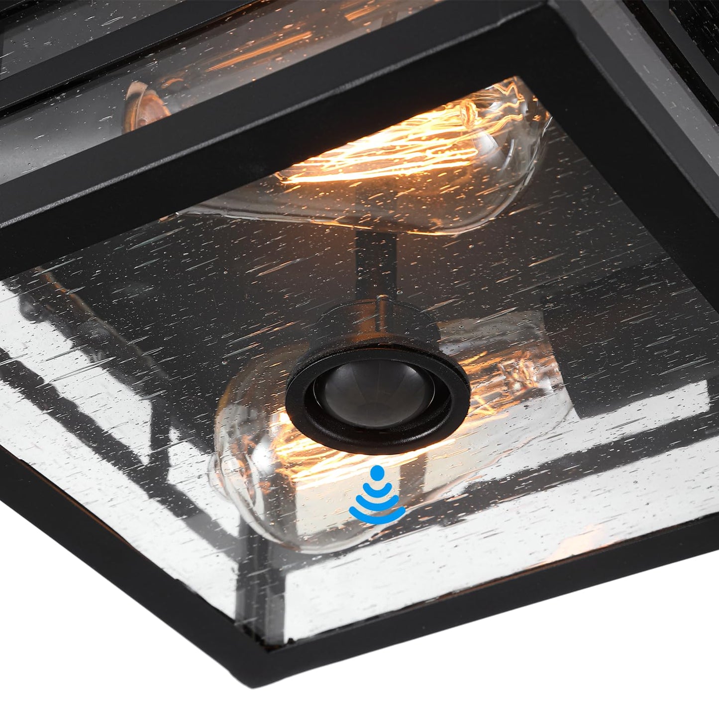 CALOKES Outdoor Flush Mount Motion Sensor Ceiling Light - Timeless Industrial Design with Seeded Clear Glass for Your Porch, Driveway, Covered Patio, Farmhouse, and Entryway