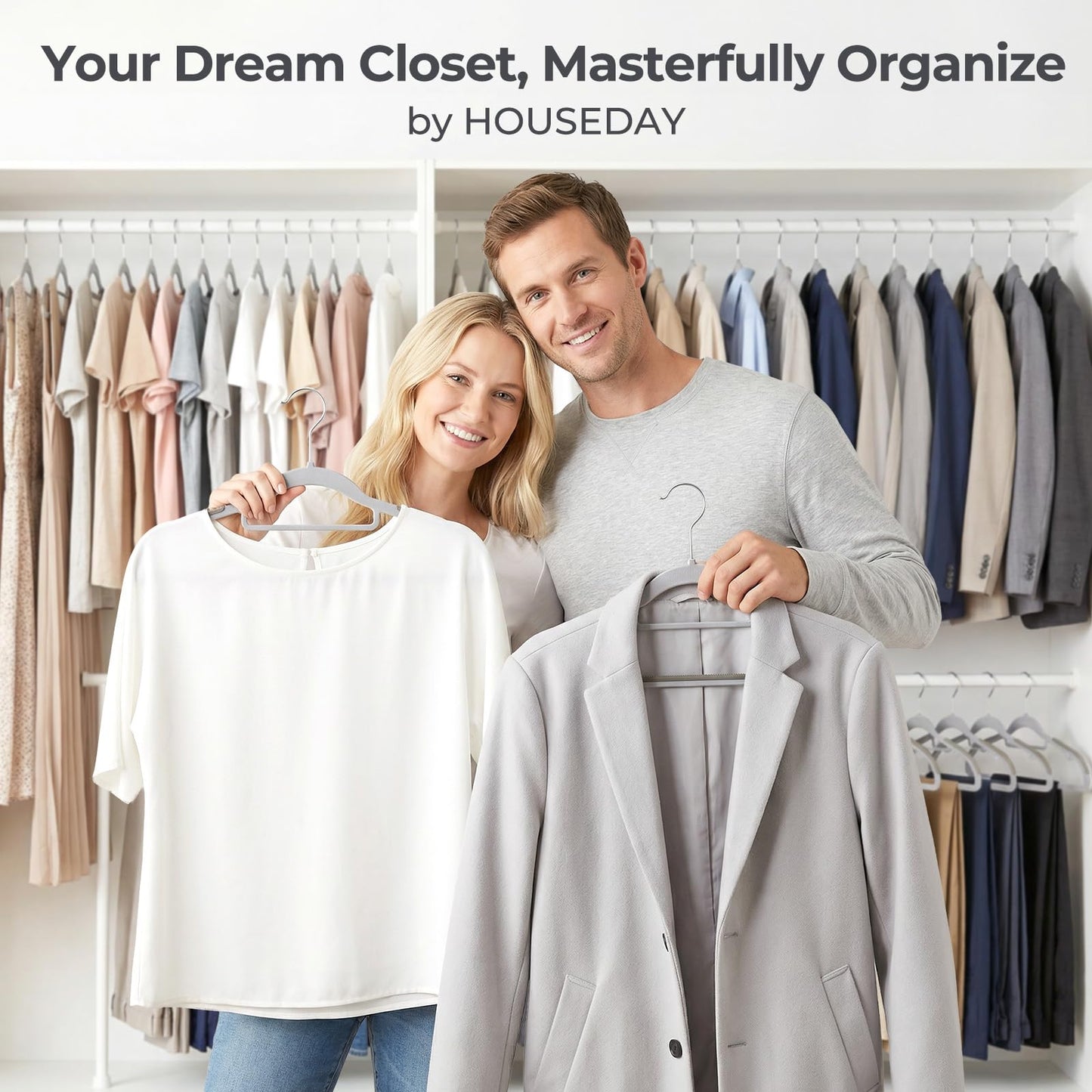 HOUSE DAY Plastic Hangers 50 Pack, Grey Plastic Clothes Hangers Non Slip with Rubber Grip, Heavy Duty Hanger with 360° Swivel Metal Hook, Ultra Thin Hangers Space Saving for Closet Organizer