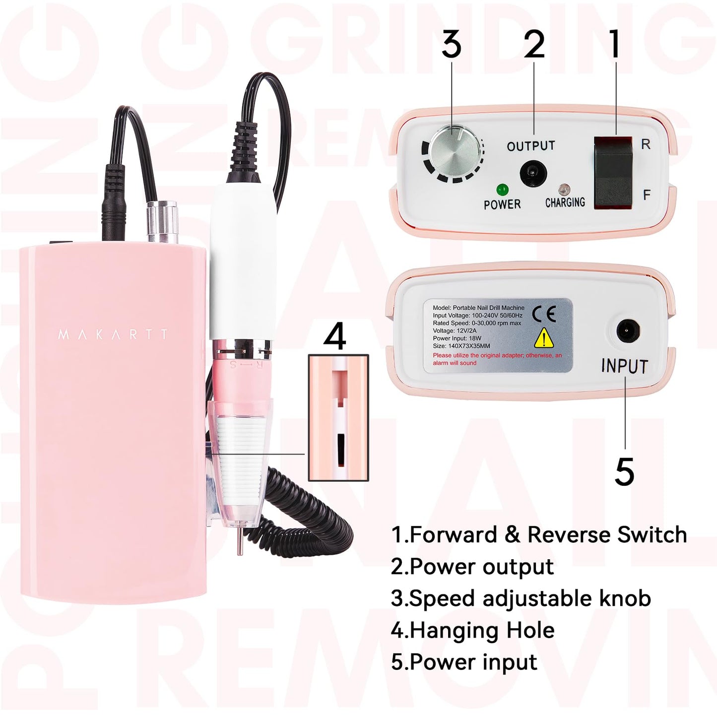 Makartt Nail Drill Professional, Rechargeable Nail E File 30000RPM Electric Nail Drill, Malory Pink Portable Gel Nail Remover Machine with Nail Drill Bits & Sanding Bands for Manicure Salon Home Use