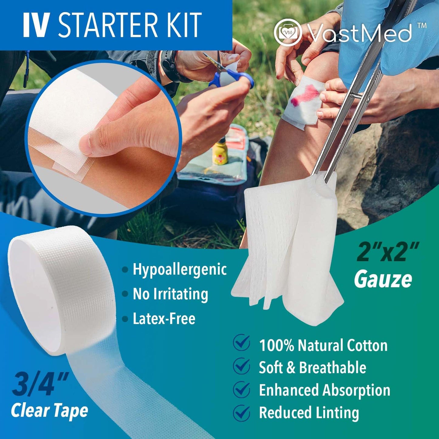 100 PCs IV Starter Kit with Gauze/Chlorascrub Swab LF by VASTMED | Posi-Guard Catheter Securement Device & Transparent Window Dressing | Latex-Free Tourniquets