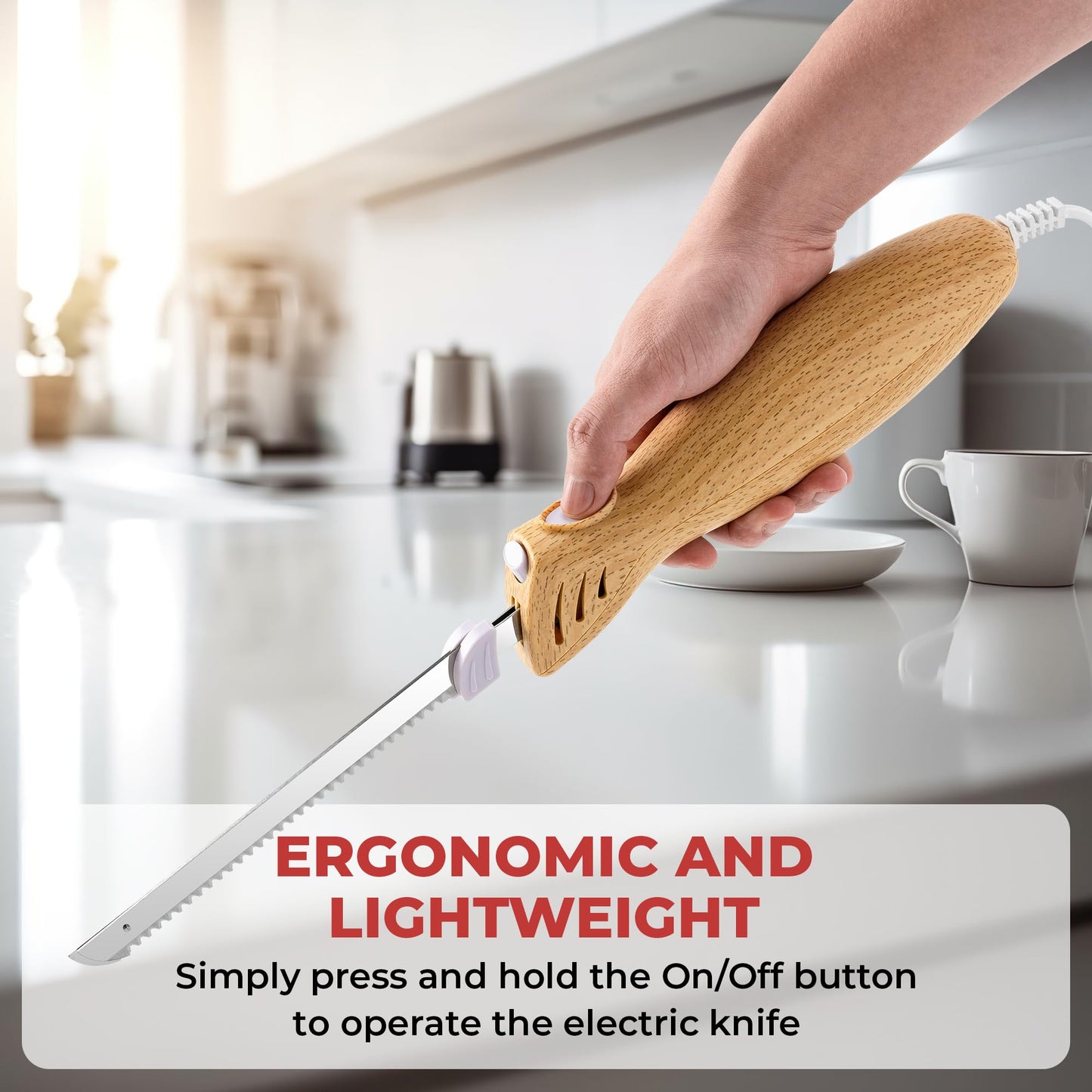 Prikoi Electric Knife - Carving Knife Set, Easy-Slice Serrated Edge Blades for Meat, Bread, Turkey, Ribs, Fillet, DIY, Ergonomic Handle + 2 Blades for Raw & Cooked Food New Upgrade(Faux Wood)