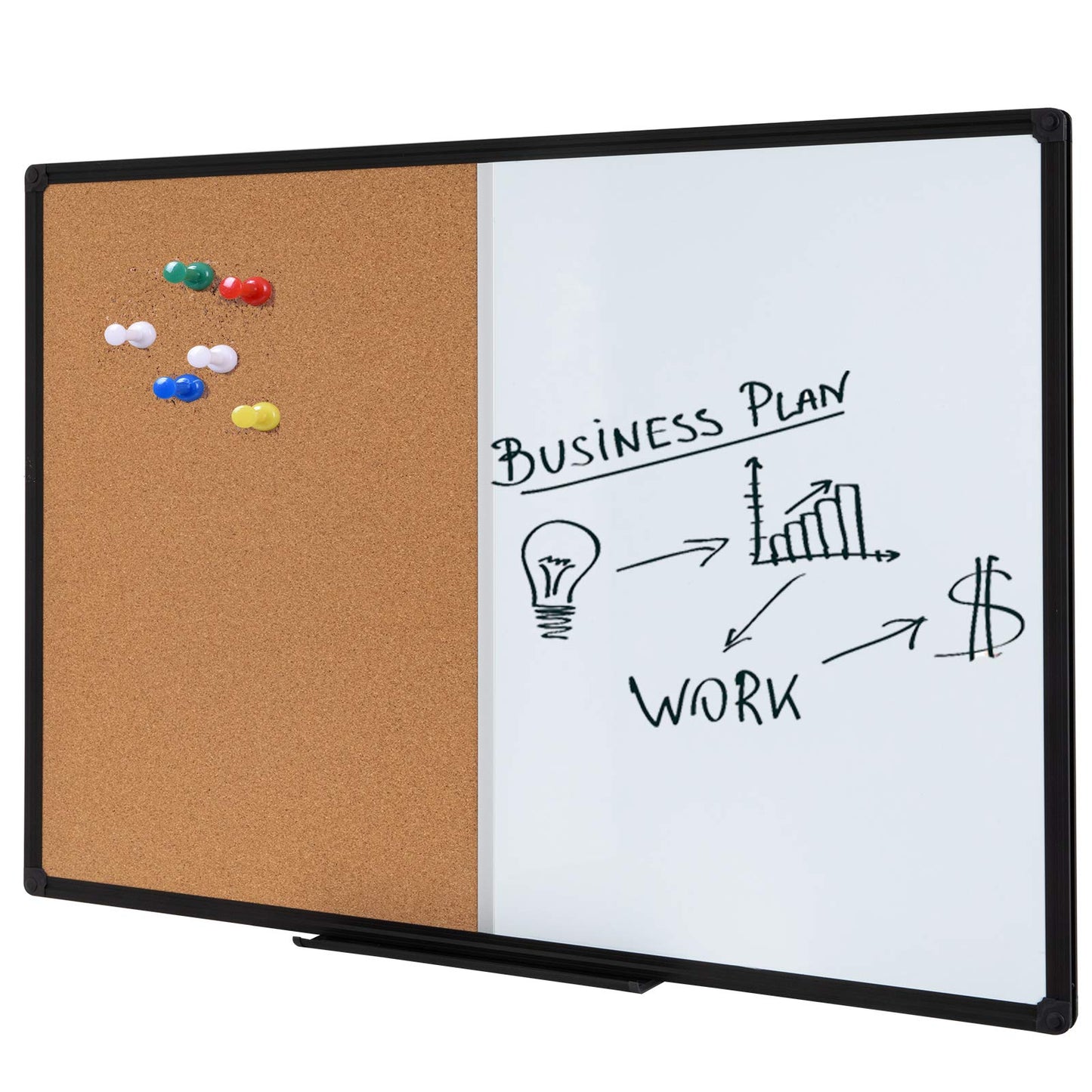 DexBoard 36 x 24 Inch Cork & Dry Erase Combo Board - Magnetic Whiteboard & Bulletin Board Combination - Hanging or Wall-Mounted for Office, Classroom, Home - Black Aluminum Frame