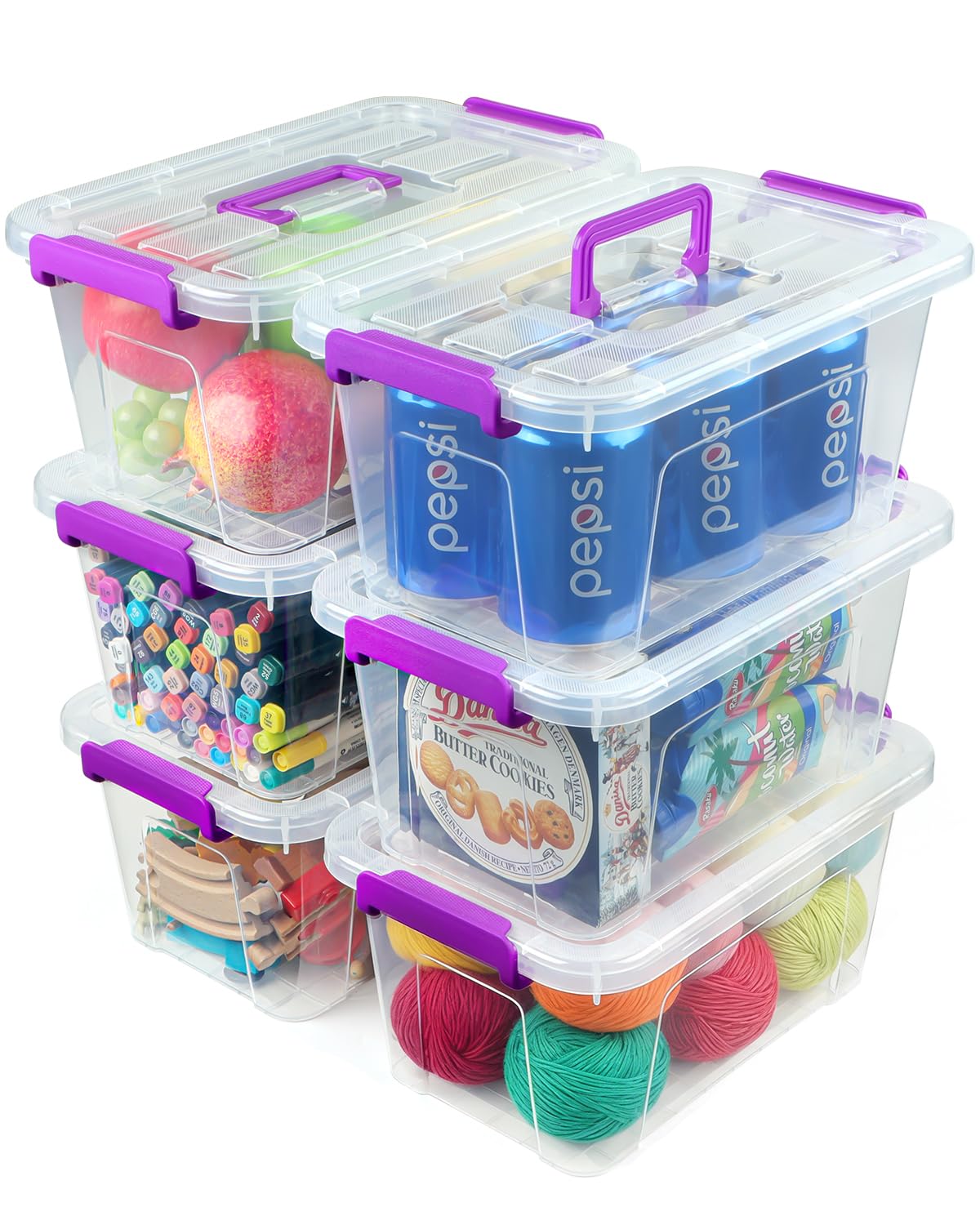 AREYZIN Plastic Storage Bins with Lids 6 Pack,7 Quart Stackable Storage Containers with Buckle Latches, Heavy Duty Clear Organizer Bins for Home Office Supplies, Craft & Toy Storage, BPA-Free,Purple
