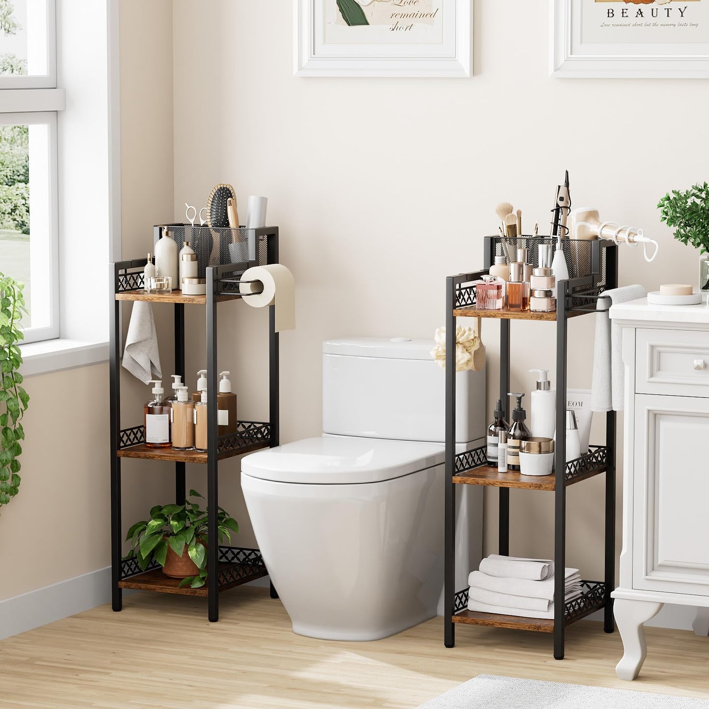 FURFUN Bathroom Storage and Organizer Shelf Hair Dryer Holder, 9.85in 3-Tier Narrow Metal Standing Rack with Toilet Paper Holder, Corner Stand for Cosmetic, Vanity, Kitchen, Laundry Rustic Brown