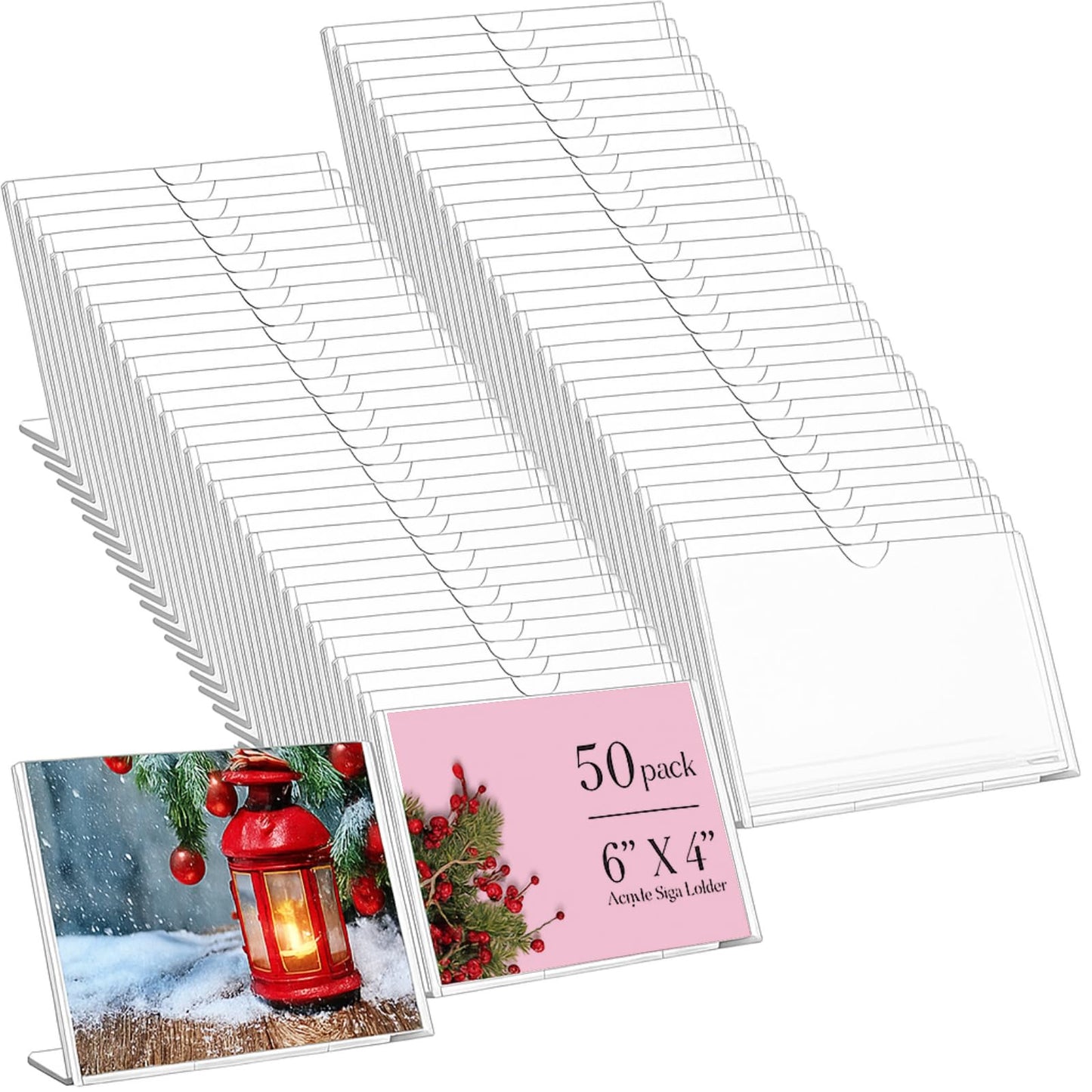 Yalikop 50 Pack Acrylic Sign Holder 4x6 Bulk Slanted Back Acrylic Holder Clear Plastic Picture Frames 4x6 Plastic Paper Sign Holders Clear Tabletop Stands for Display for Office, Home, Restaurant
