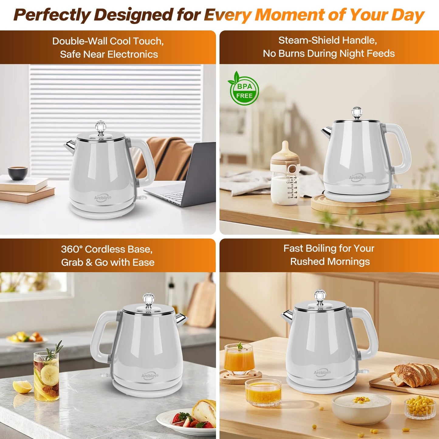 Retro Electric Kettle 1.8L, All Stainless Steel Hot Water Electric Kettle for Boiling Water, 1350W BPA Free Tea Kettle, Electric Tea Kettles Automatic Shut Off, Boil-Dry Protection,Pearl White