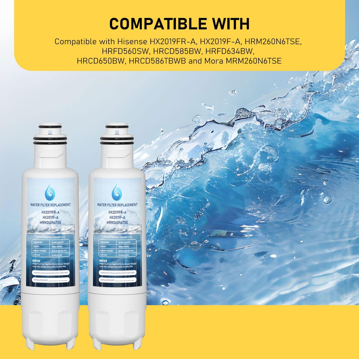 HX2019F-A HX2019FR-A Water Filter Replacement, Compatible With Hisense HRM260N6TSE, HRFD560SW, HRCD585BW, HRFD634BW, HRCD650BW, HRCD586TBWB and Mora MRM260N6TSE 2 Pack