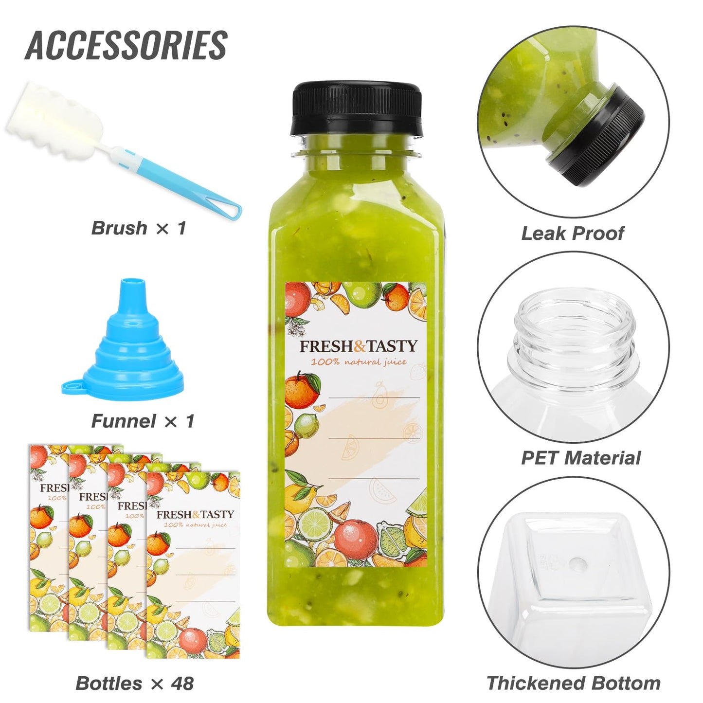 TOMNK 48pcs Juice Bottles, 12oz Reusable Plastic Juice Bottles with Caps and Labels, Funnel, Brush Beverage Containers for Juicing, Smoothies, Tea, Milk