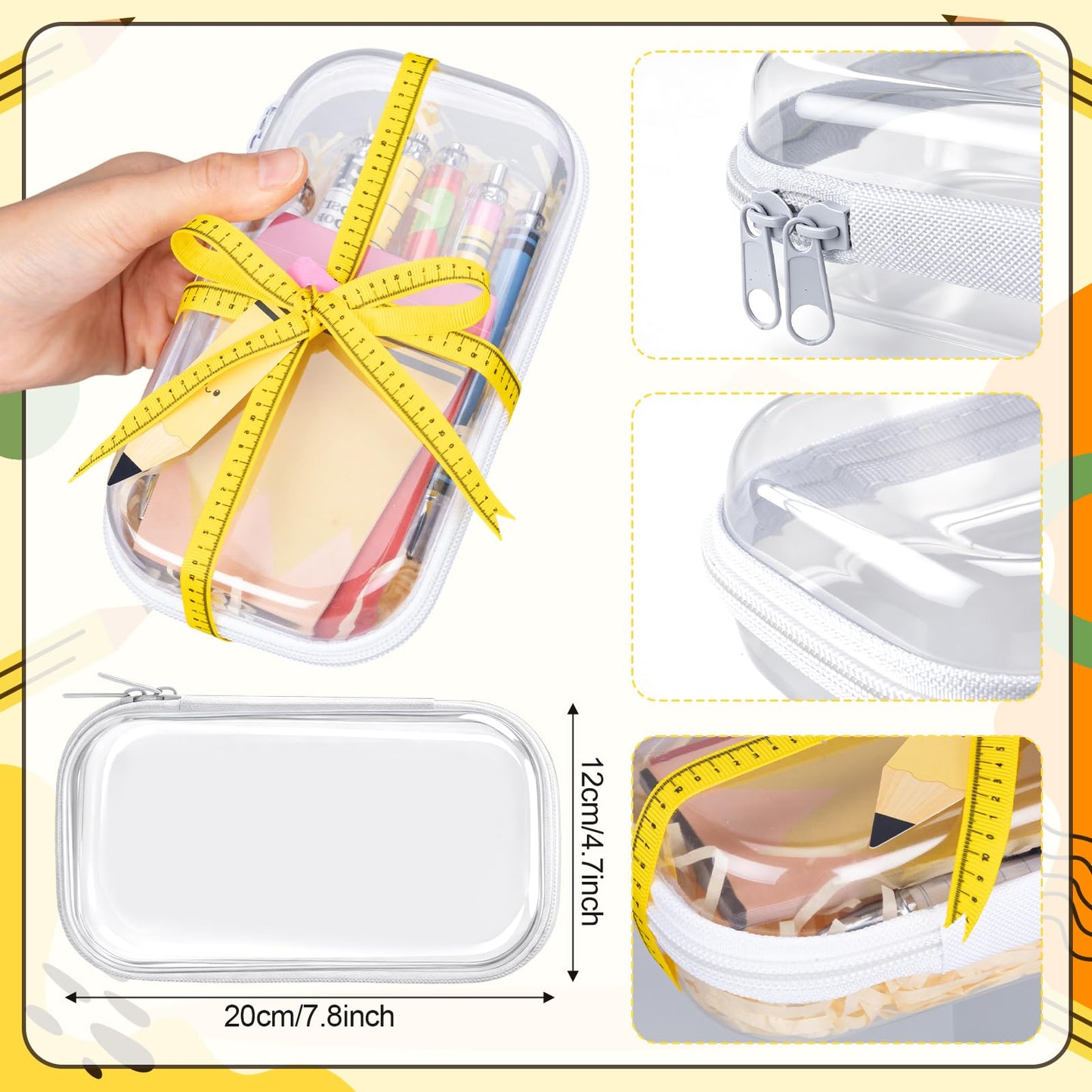 Landhoow 6 Sets Teacher Appreciation Gifts Hard Sided Clear Zipper Case Scroll Pen Sticky Notes Double-Sided Hang Tag Ribbon Measuring Tape for Back to School Gifts Graduation Party Favors
