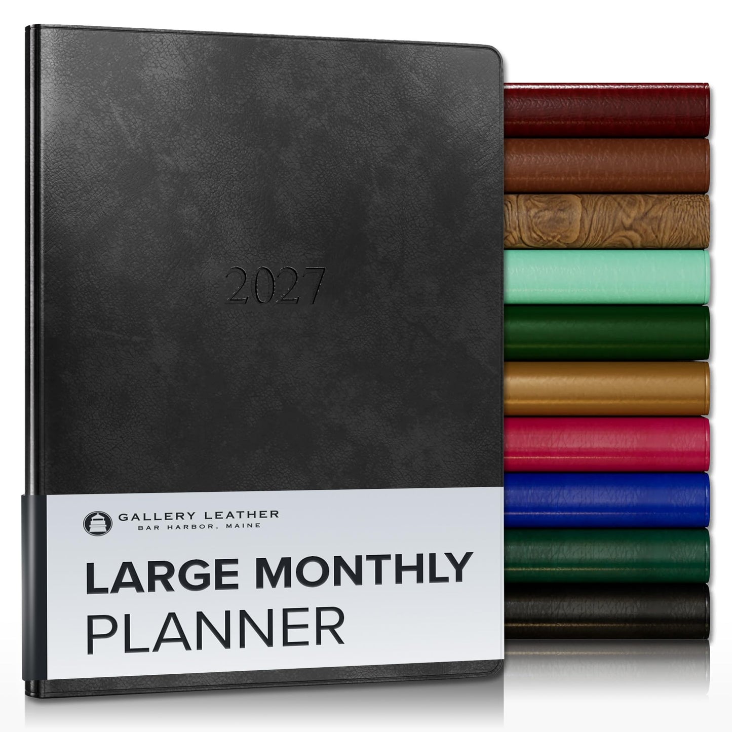 Gallery Leather Large Monthly Planner 2027, Elegantly Bound Calendar Planner and Notebook with Stylish Gold-Gilded Page Edges, 18 Months - Acadia Black - 9.75x7.5"