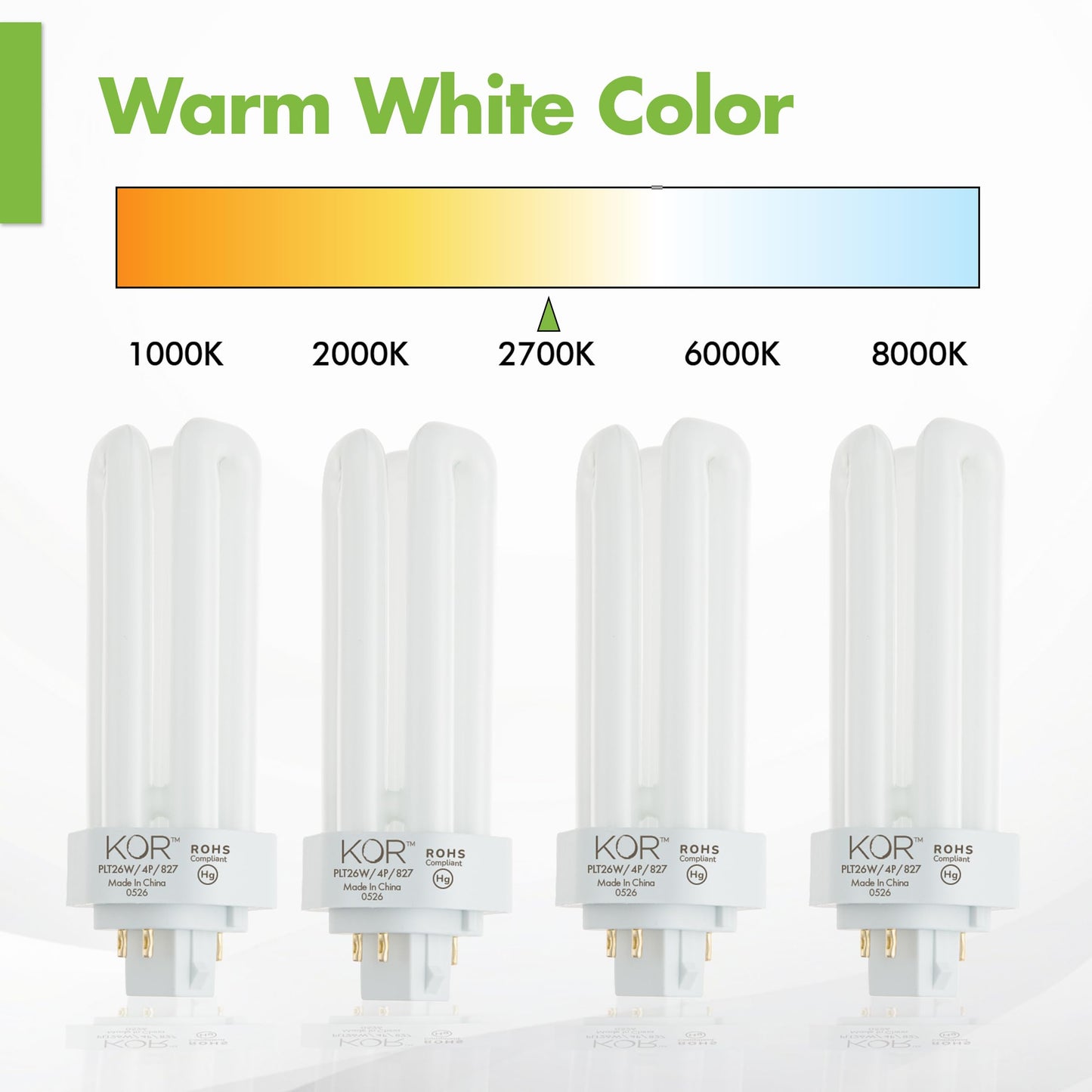 KOR 26W CFL Plug-in Bulb – GX24Q-3 Base, 2700K Warm White, Triple Tube, (4-Pin) Replaces Sylvania 20879, Philips 458240, GE 97614 – Pack of 4