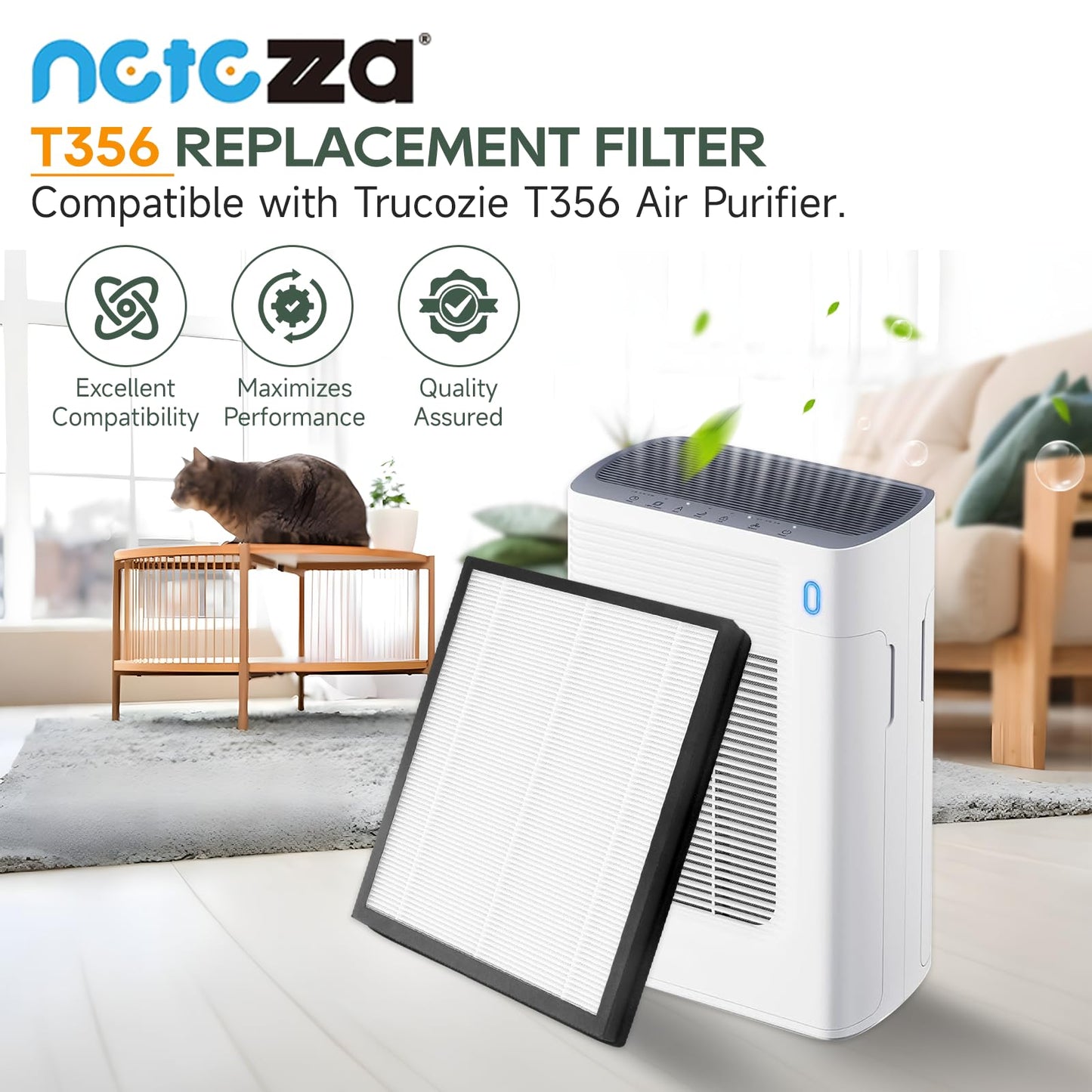 T356 Replacement Filters Compatible with Trucozie T356 Air Purifier, 3-IN-1 High-Efficiency Filtration System, 4 Pack