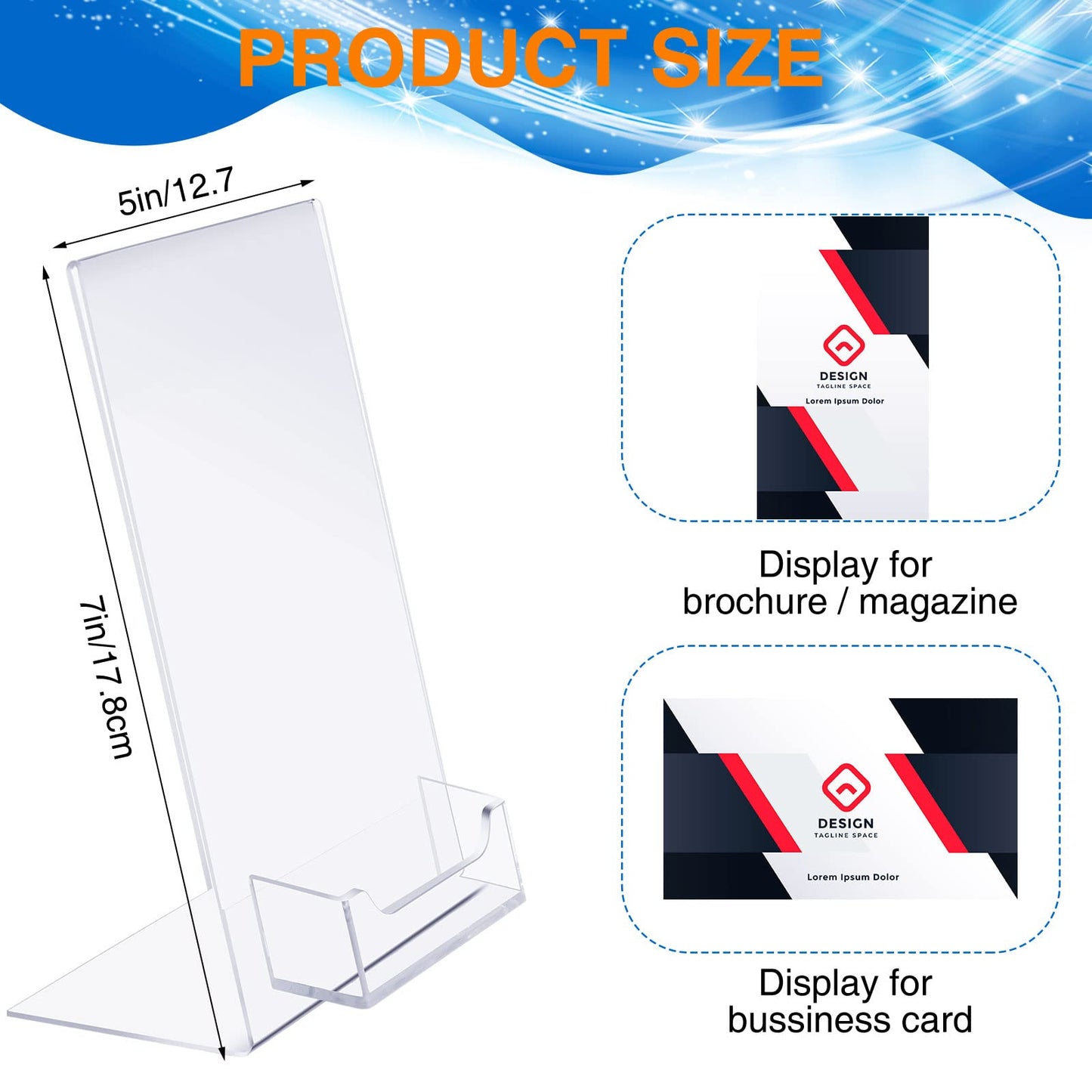 Crtiin 6 Pcs Acrylic Slanted Sign Holder with Business Card Holders Clear Display Stand Flyer Stand with Gift Card Holder for Office Table Advertisement Brochure (5 x 7 Inch,Side Insert)