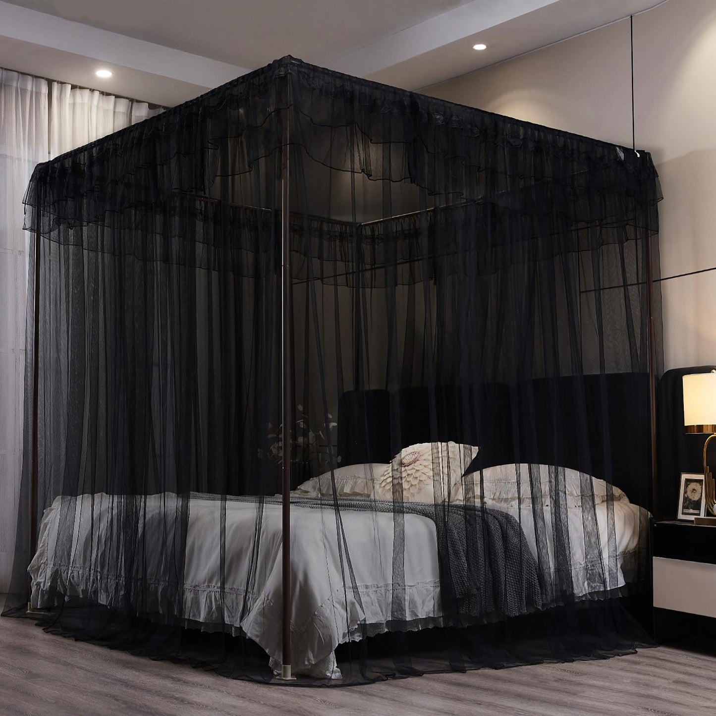 Kertnic Black Canopy Bed Curtains for Girls & Adults, Queen King Bed Canopy Drapes Netting, Practical Mosquito Net for Bed (Queen-64 W*78" L*82"*H)