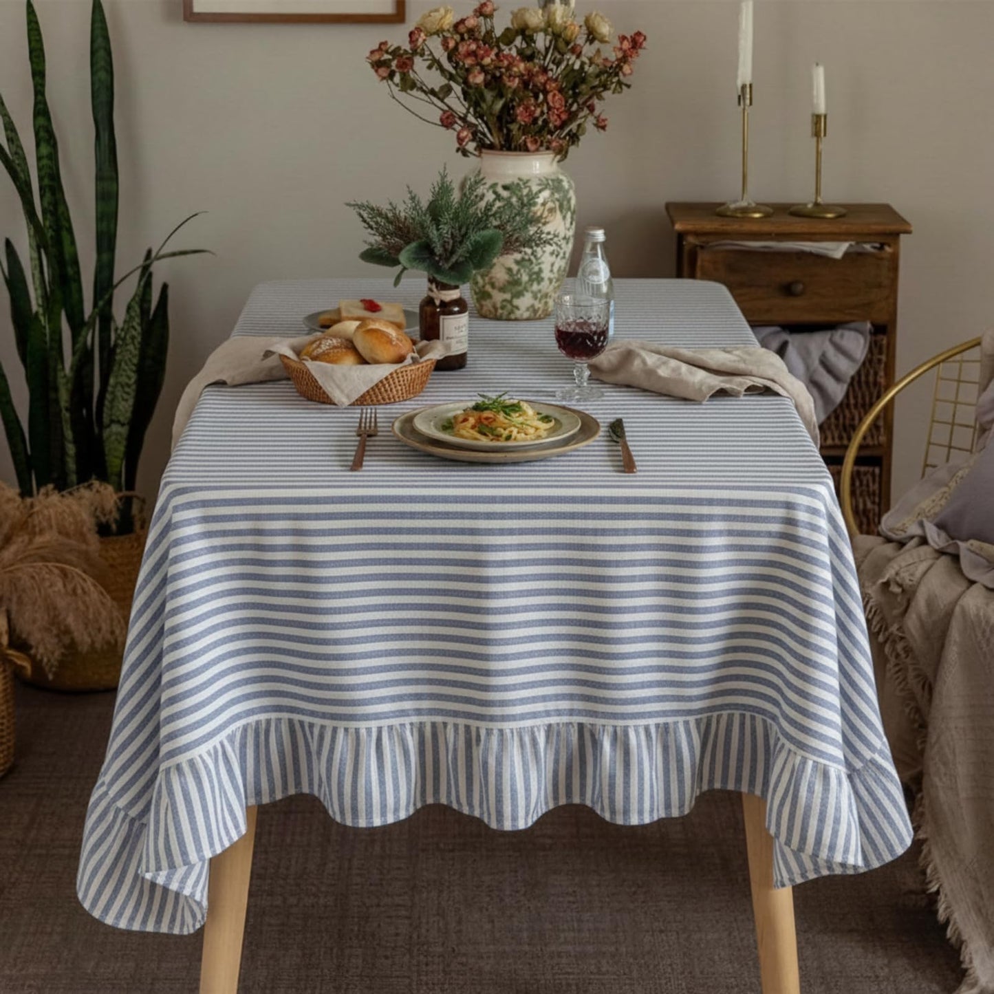 Boao Cotton 52 x 70 Inch Farmhouse Ruffle Tablecloth Blue White Striped Flounces Trim Table Cover for Rectangle Table Kitchen Party Wedding Decor