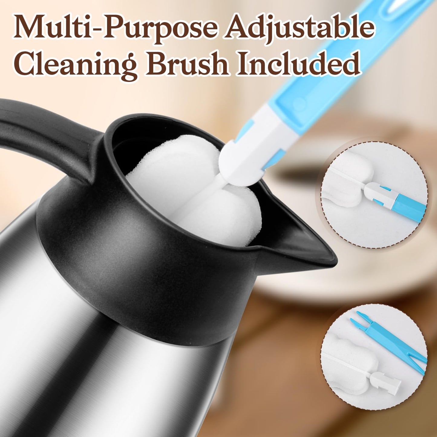 Essenya 2 PCS 68 OZ Thermal Coffee Carafe, Insulated Stainless Steel Coffee Carafe Double Walled Vacuum Thermal Pot Flask with Brushes for Keeping Hot Coffee Tea Home and Office (Silver)