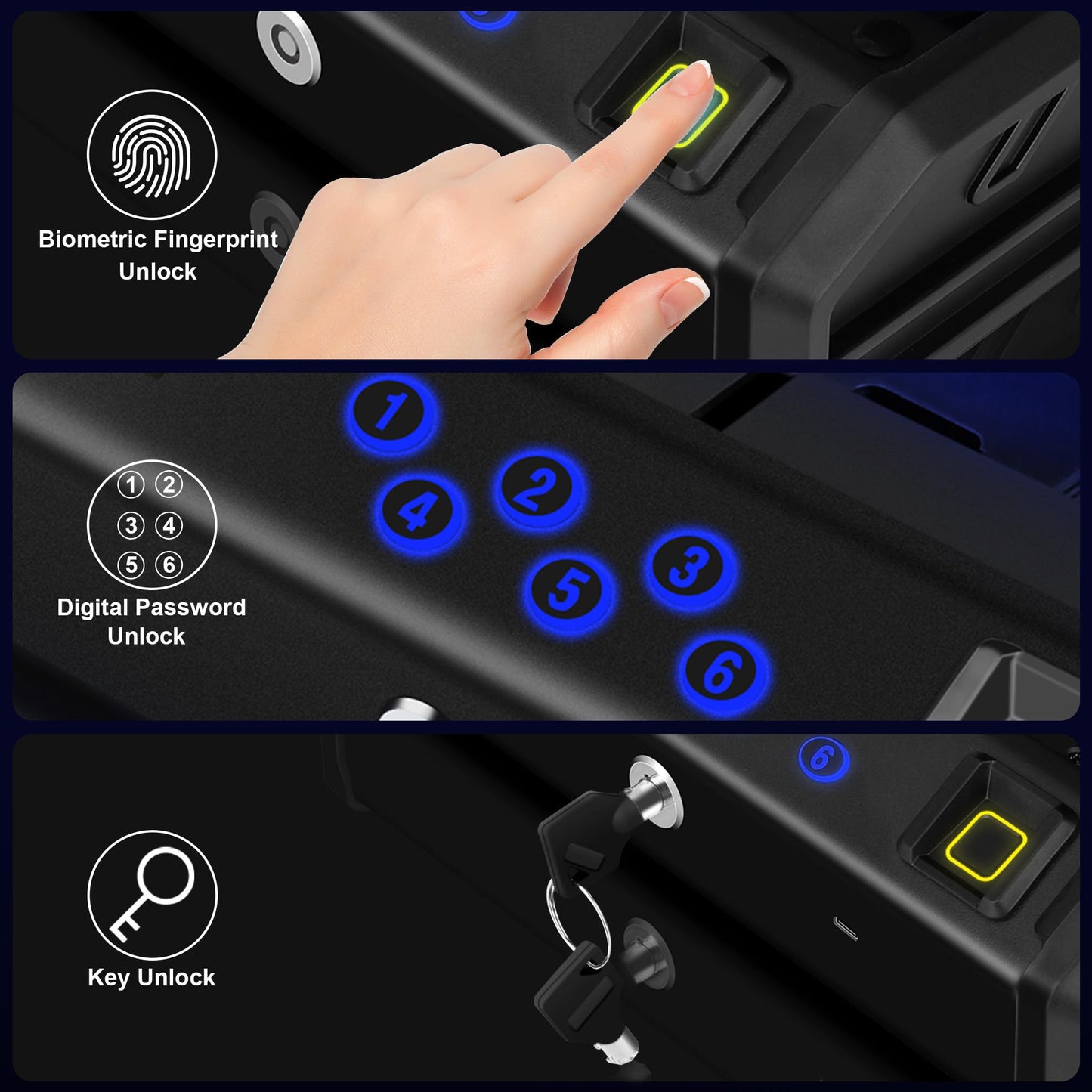 Gun Safe, Multiple Access Methods for Quick Access Handgun Safe, Fingerprint Digital PIN Key Fingerprint Pistol Safe for Car Nightstand Living Room