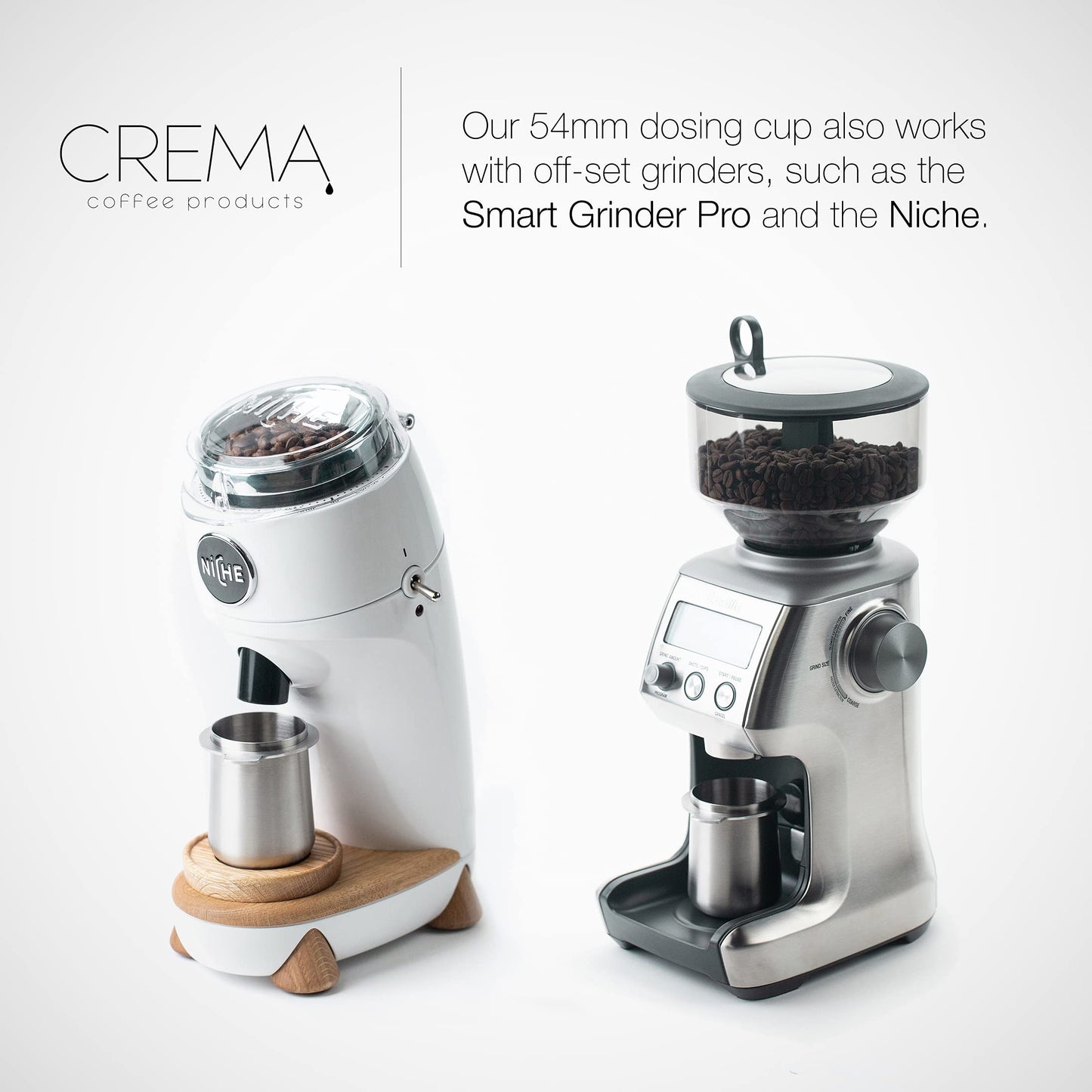 CREMA Coffee Products 54mm Dosing Cup | Compatible with any 54mm Portafilters | Durable 100% Stainless Steel | Built-In Grinder Tab for Easy Transfer | Brushed Silver Finish